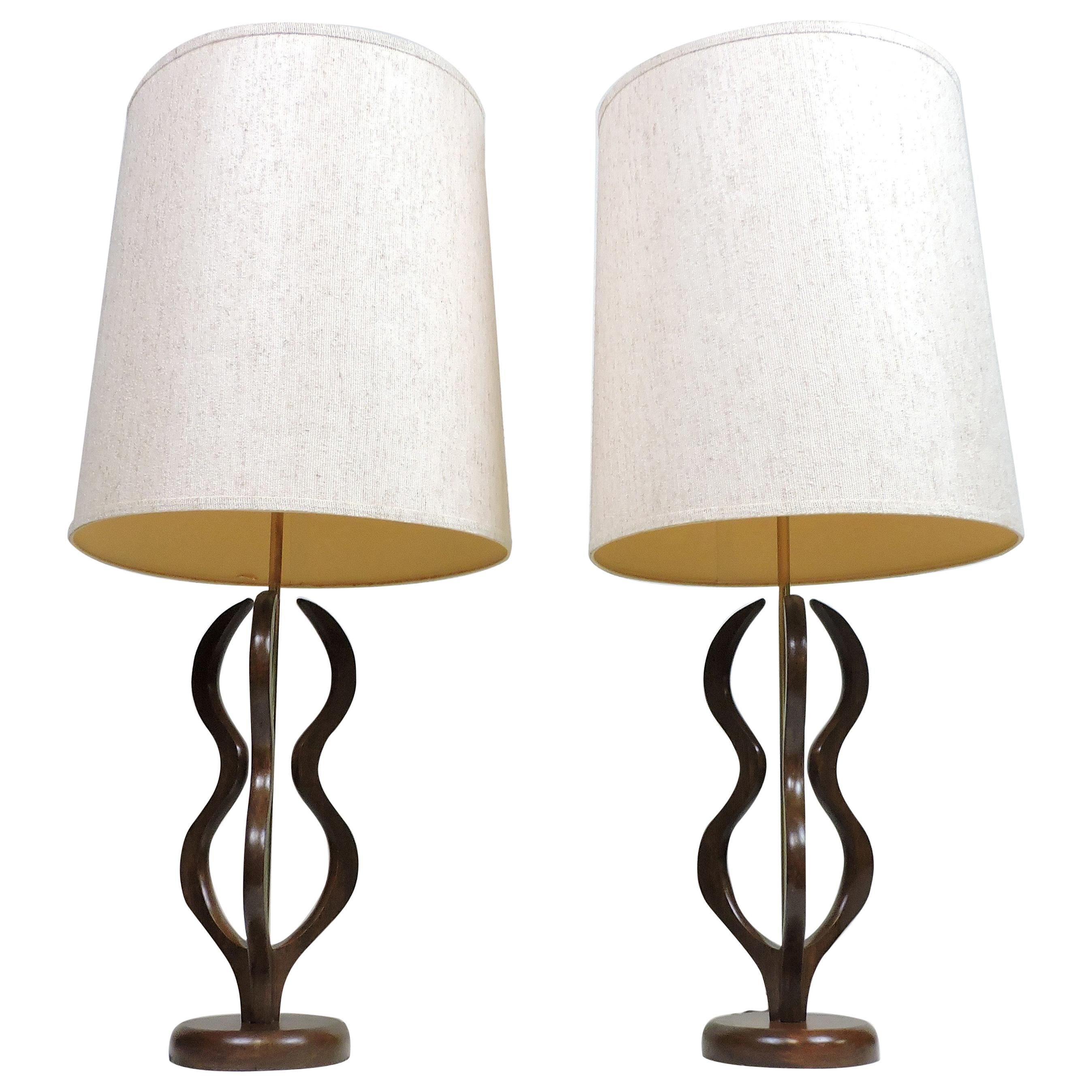 Pair of Pearsall or Modeline Style Sculpted Walnut Mid-Century Modern Lamps