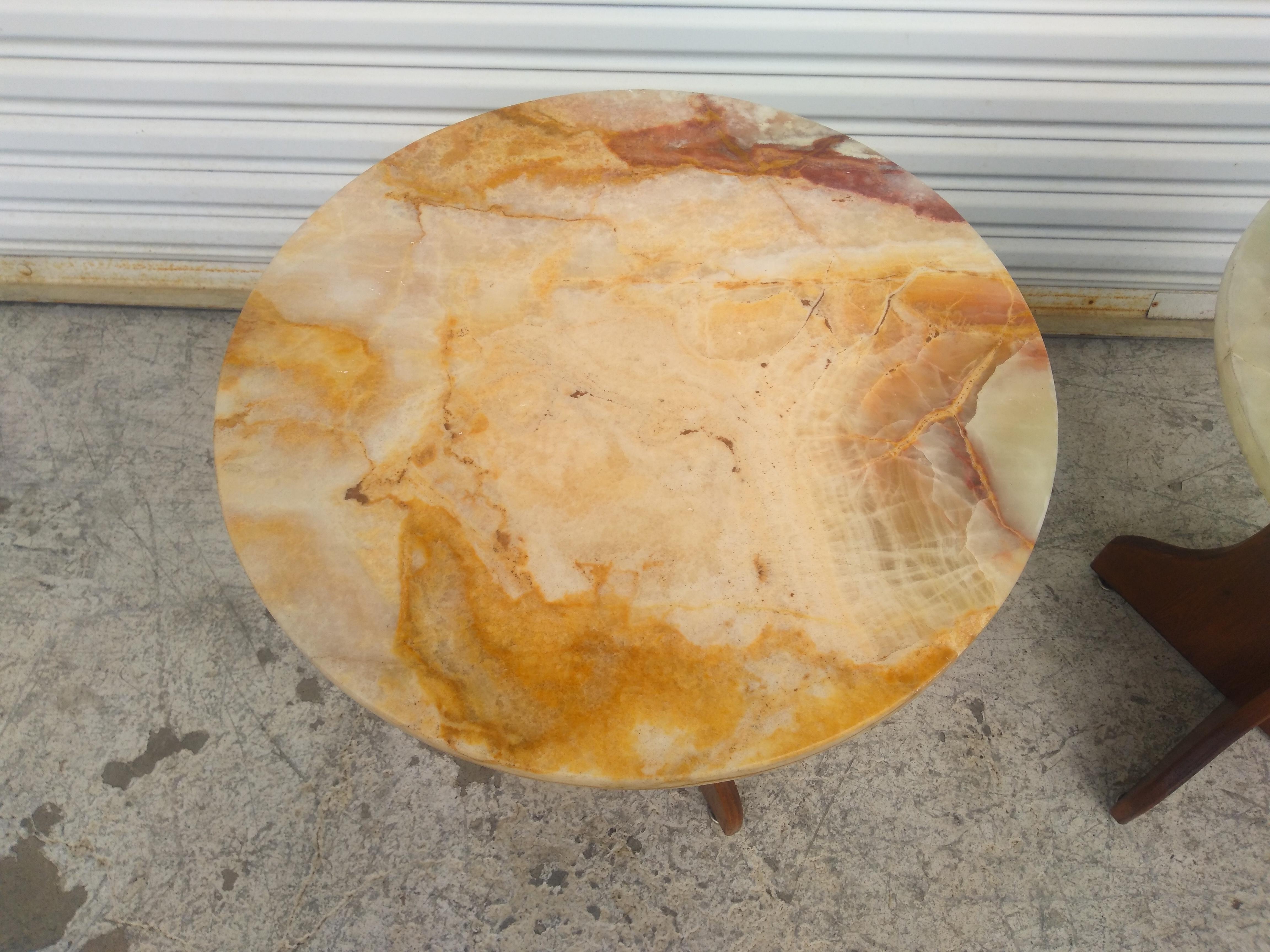 Mid-Century Modern Pair of Pedestal Base End Tables with Onyx Tops For Sale