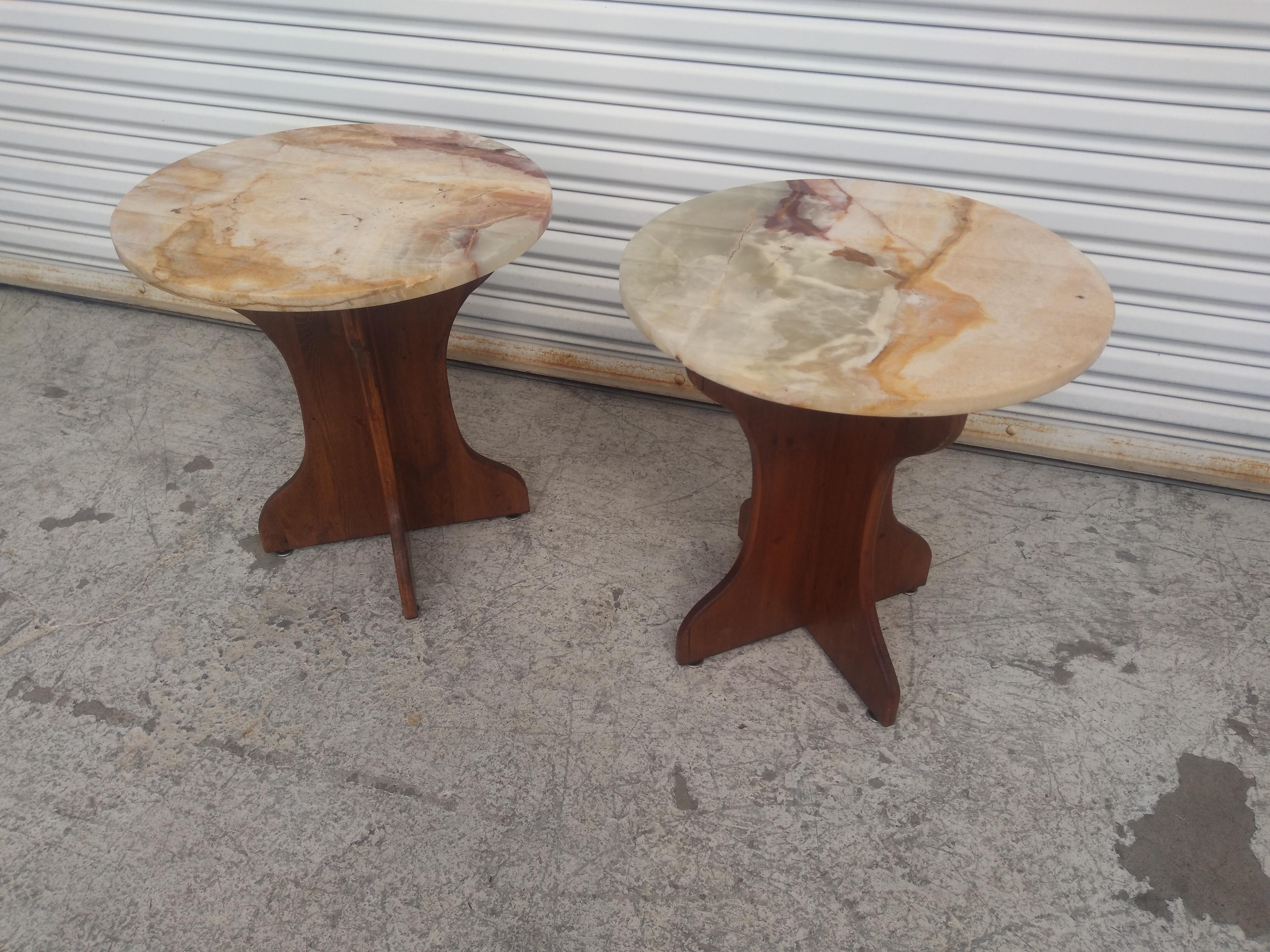 Pair of Pedestal Base End Tables with Onyx Tops In Good Condition For Sale In Pasadena, TX