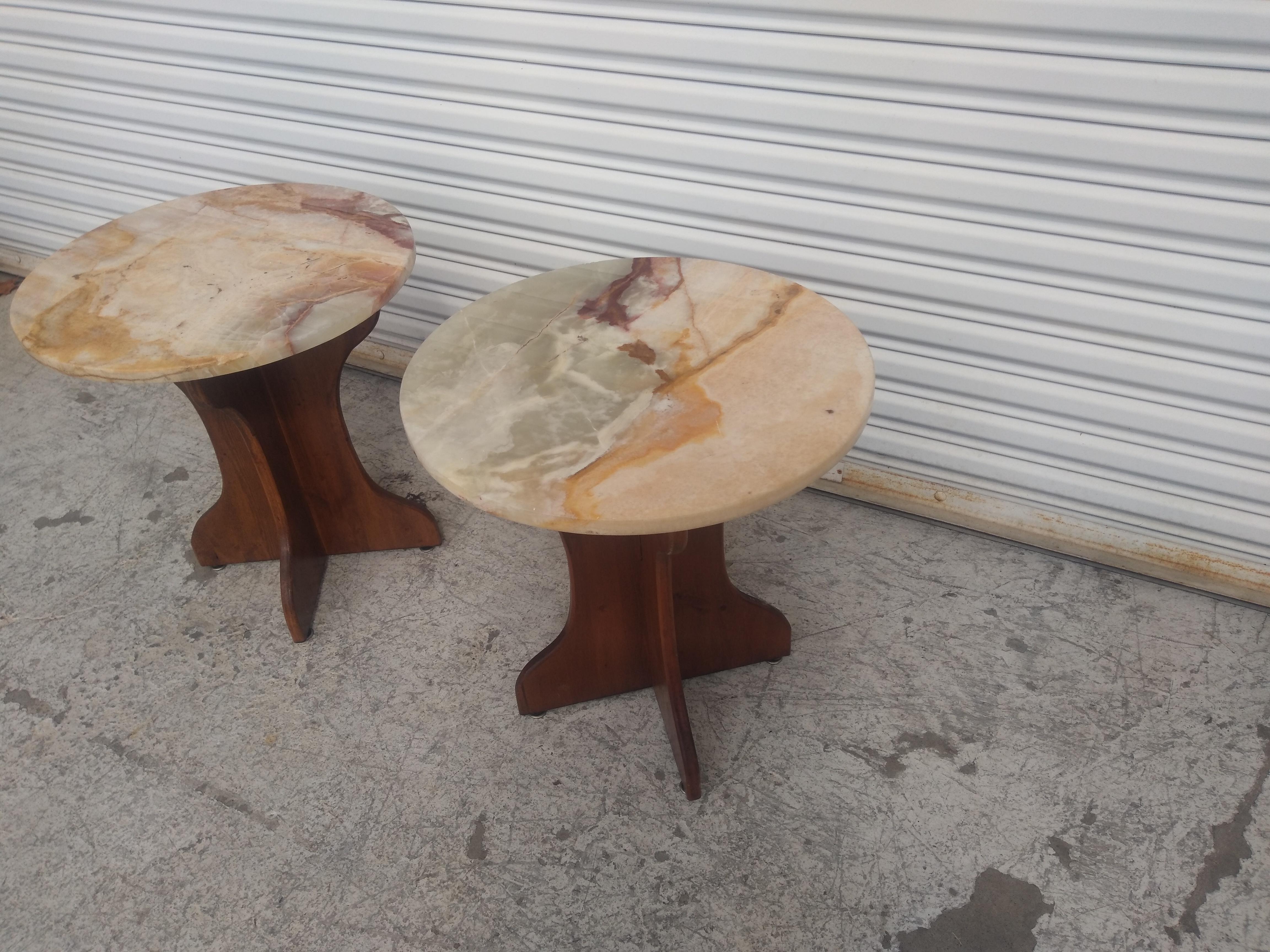 20th Century Pair of Pedestal Base End Tables with Onyx Tops For Sale