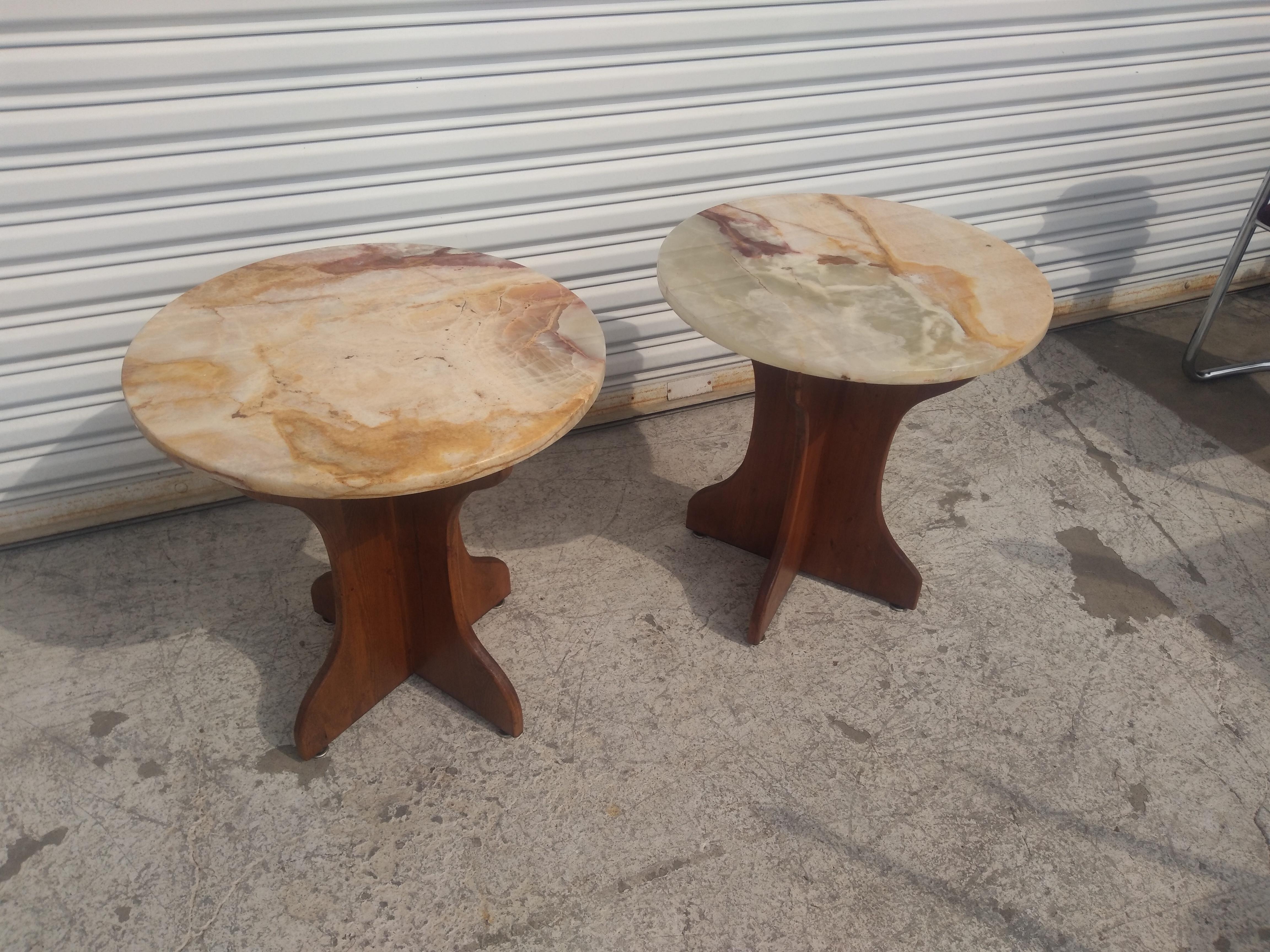 Pair of Pedestal Base End Tables with Onyx Tops For Sale 1