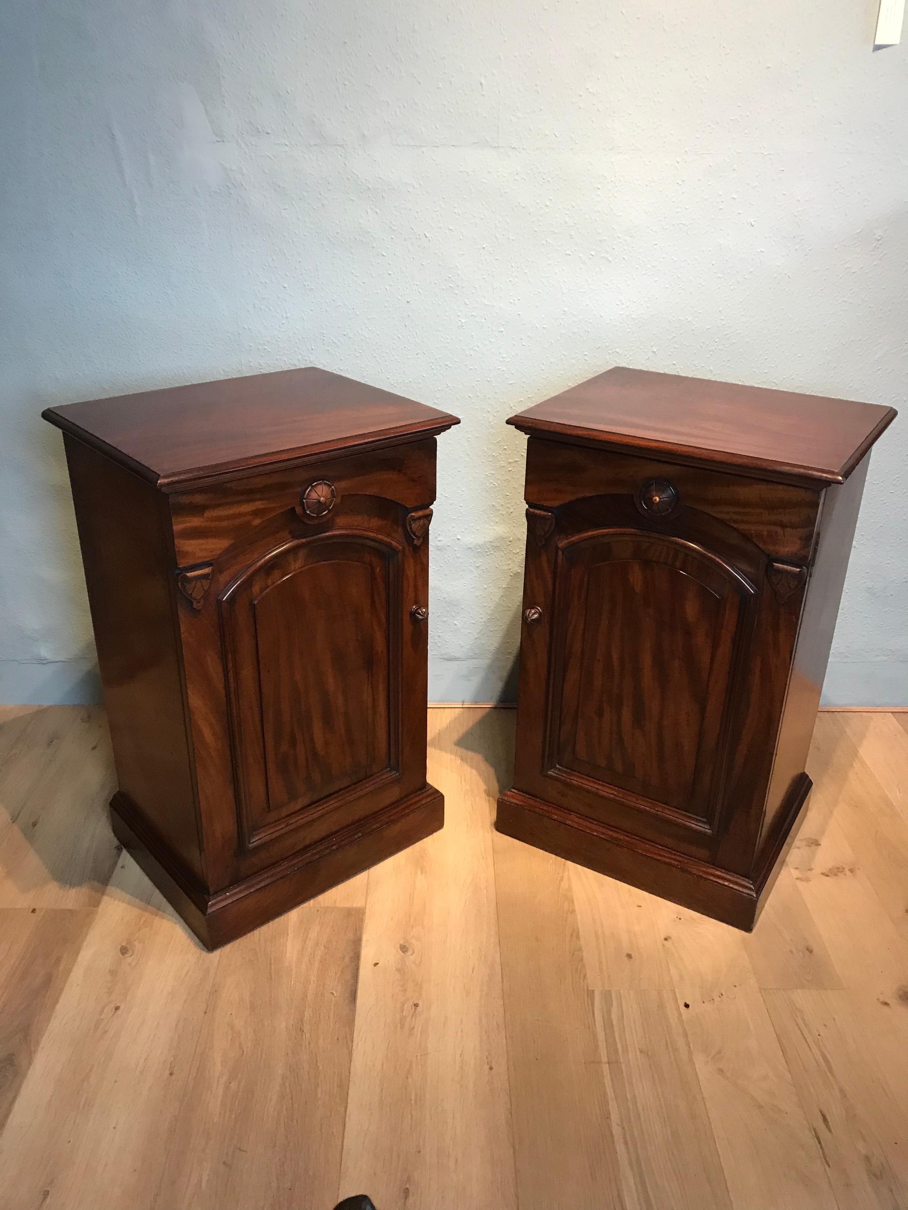 Pair of 19th Century mahogany pedestal cabinets with wonderful colour and figure, panelled door reveals two drawers and a middle shelf sitting on plinth base with panelled back, both cabinets are in very good condition.