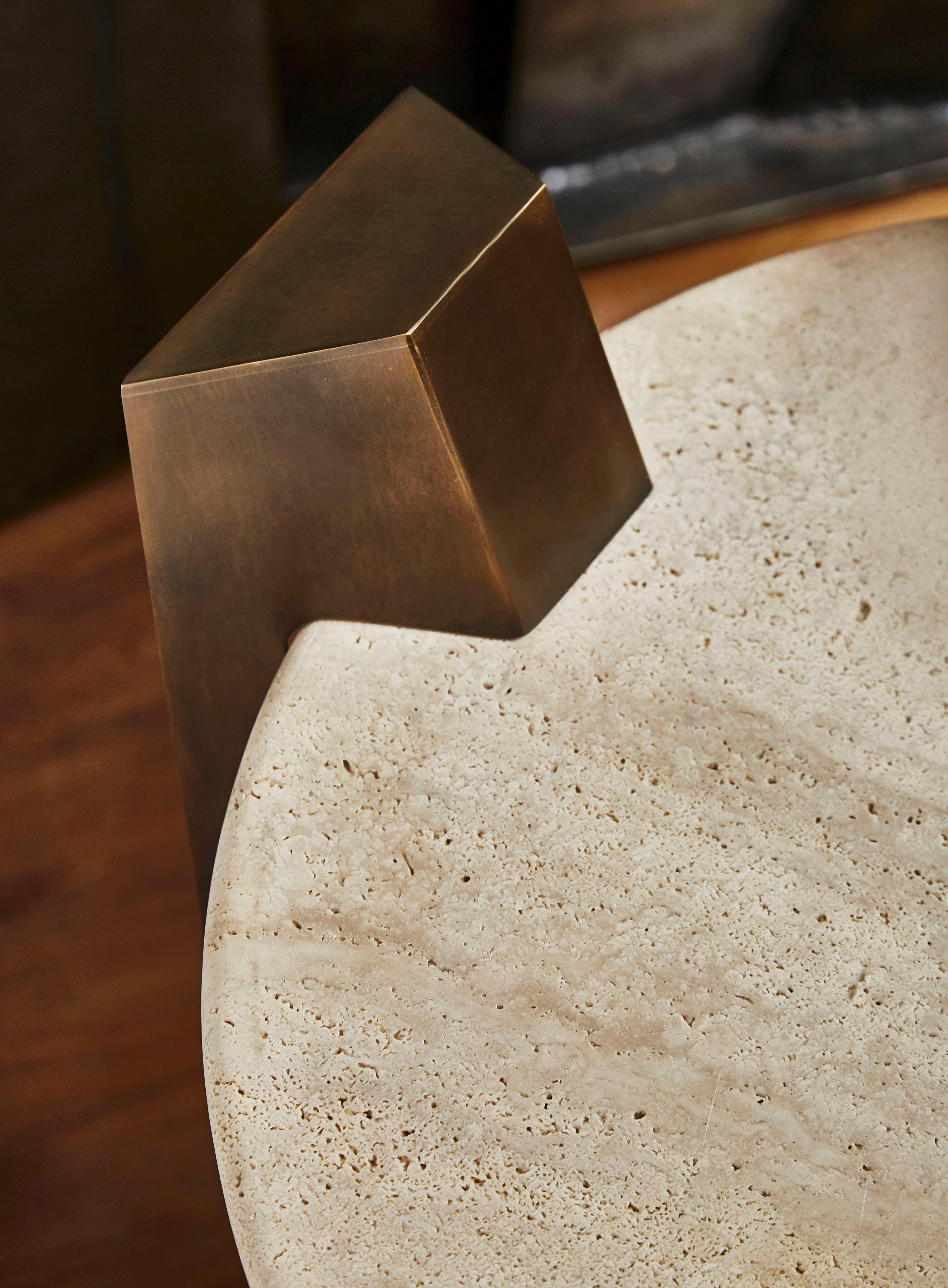 Brass Pair of Pedestal Table in Travertine by Studio Glustin