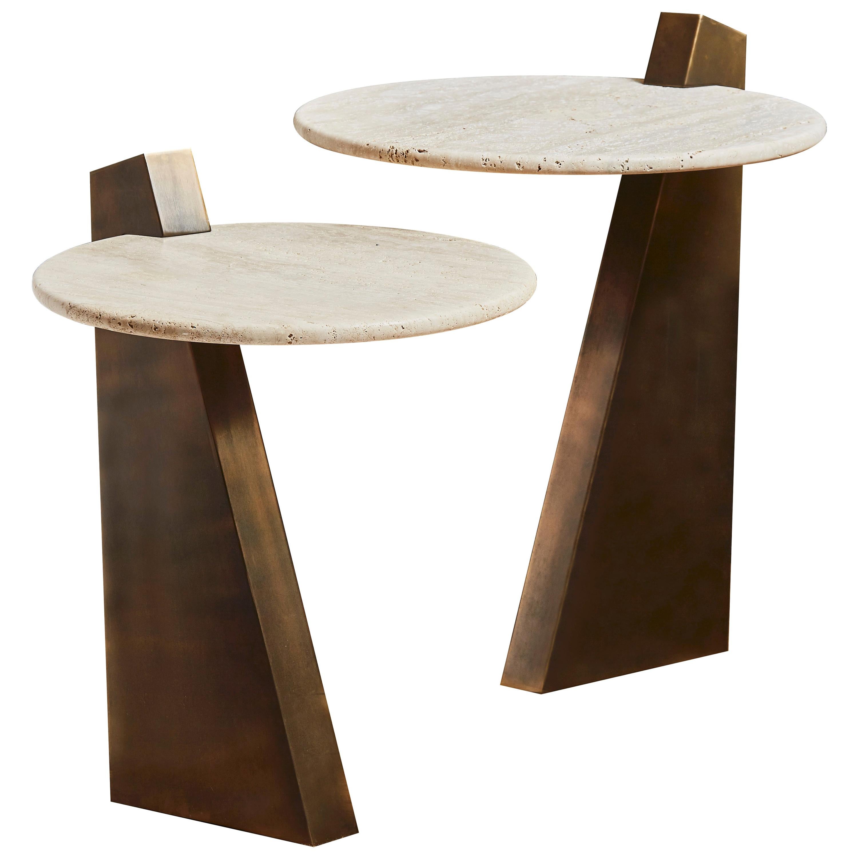 Pair of Pedestal Table in Travertine by Studio Glustin