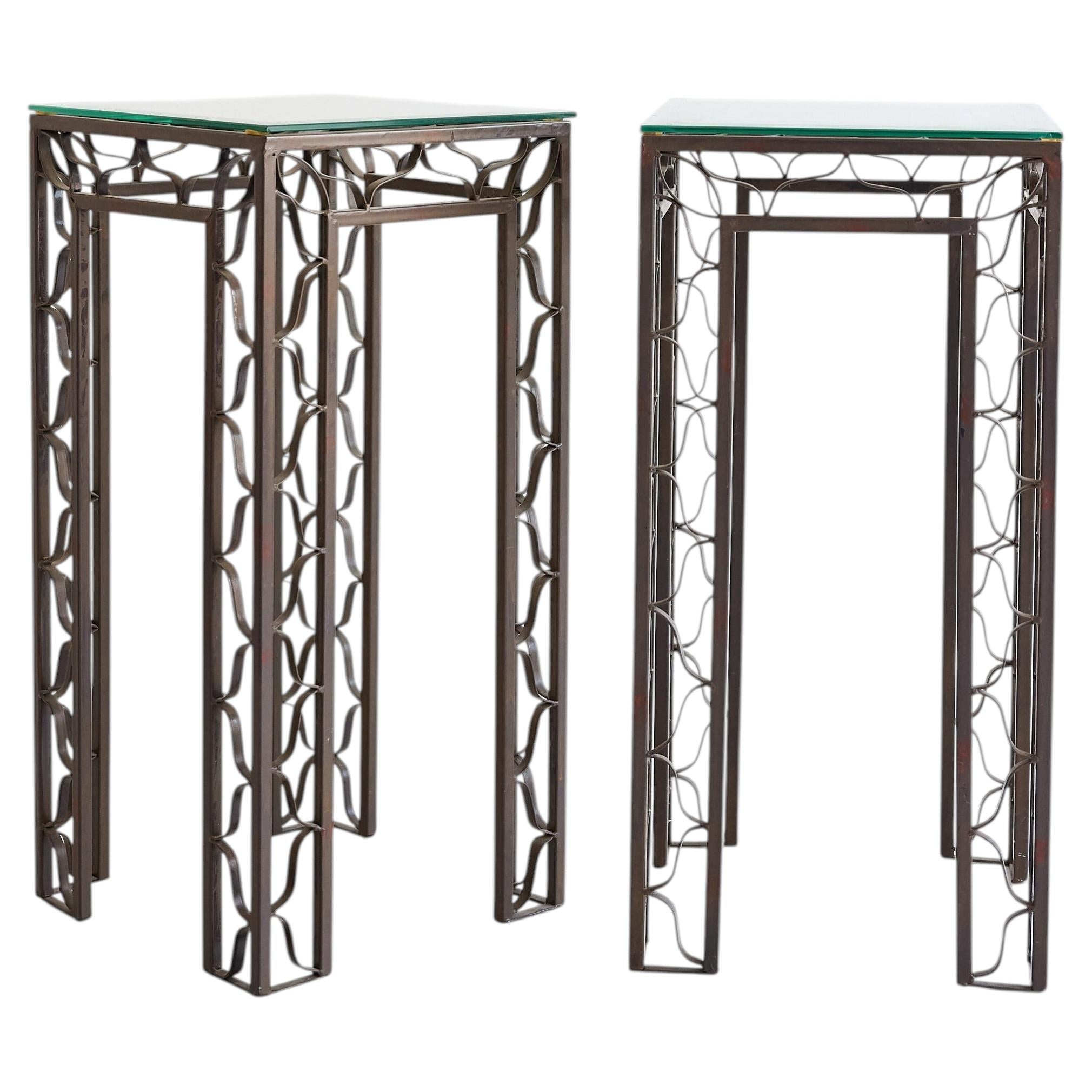 Pair of Pedestal Tables with Metalwork Frames and Glass Tops, Indoor/Outdoor