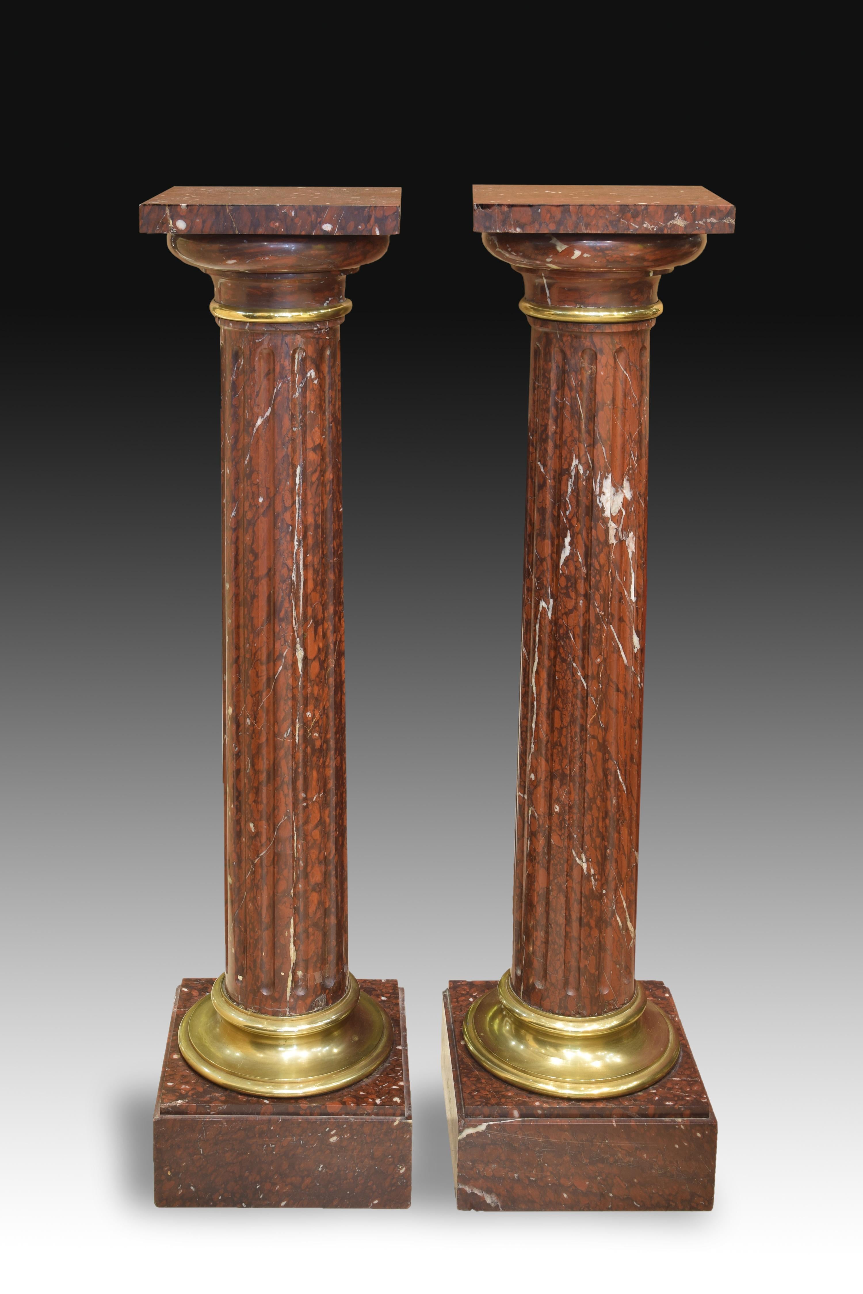 Neoclassical Pair of Pedestals 'Column', Rouge Griotte, Gilt Bronze, France, circa 1900