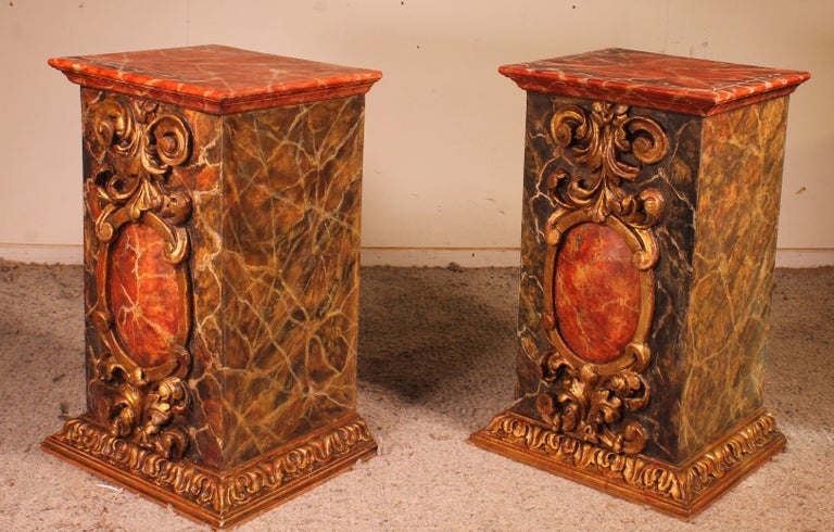 Spanish Pair Of Pedestals In Gilt Wood And Faux Marble Décor From Spain-17th Century For Sale