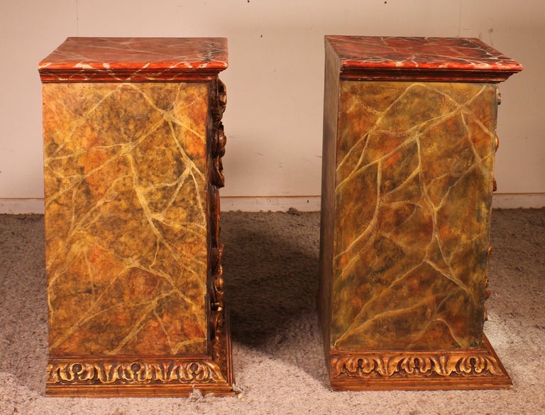Giltwood Pair Of Pedestals In Gilt Wood And Faux Marble Décor From Spain-17th Century For Sale