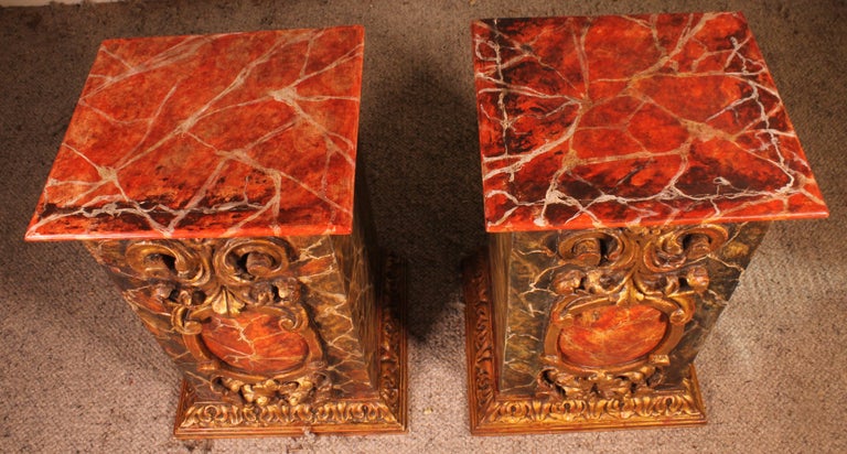 Pair Of Pedestals In Gilt Wood And Faux Marble Décor From Spain-17th Century For Sale 2