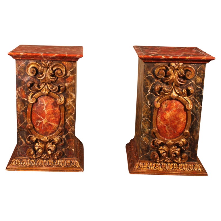 Pair Of Pedestals In Gilt Wood And Faux Marble Décor From Spain-17th Century For Sale