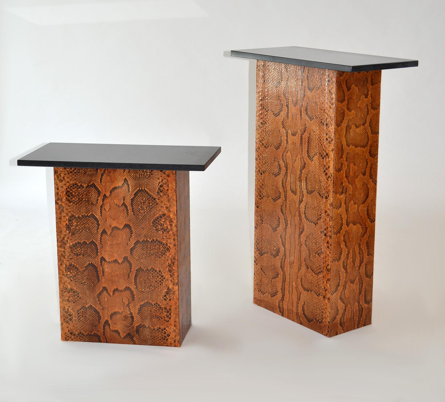 Pair of Rectangular Snakeskin and Stone Art or Display Pedestals, USA
Pair of pedestals or stands of wood wrapped in genuine Python skin topped with 3/4