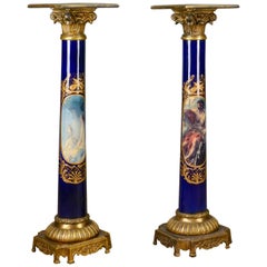 Pair of Pedestals Italian Brass Porcelain Torchere Stand Classical, 20th Century