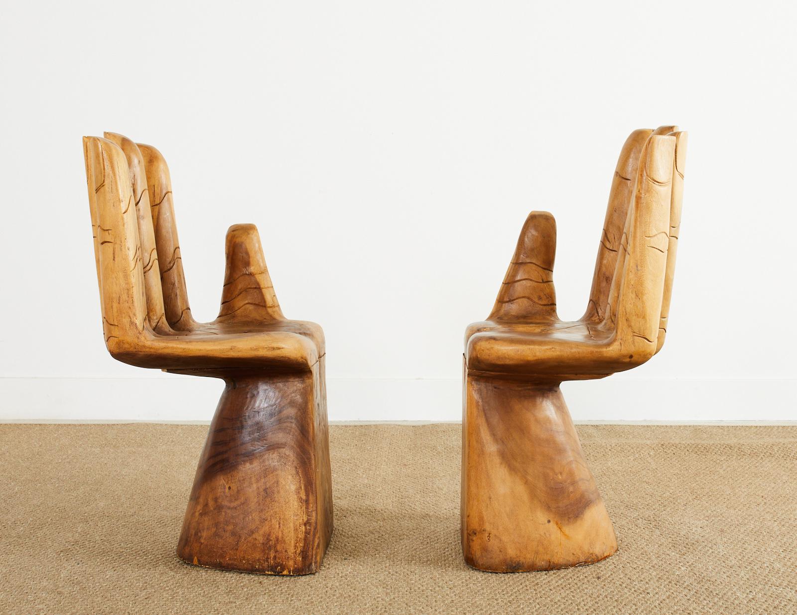 Folk Art Pair of Pedro Friedeberg Inspired Carved Hardwood Hand Chairs