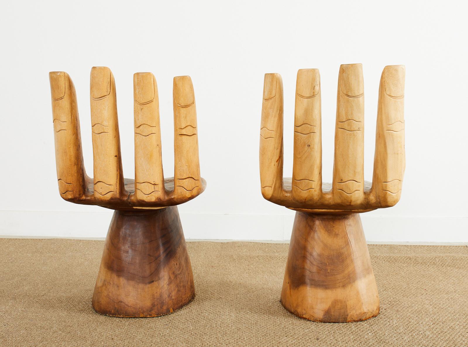 Mexican Pair of Pedro Friedeberg Inspired Carved Hardwood Hand Chairs