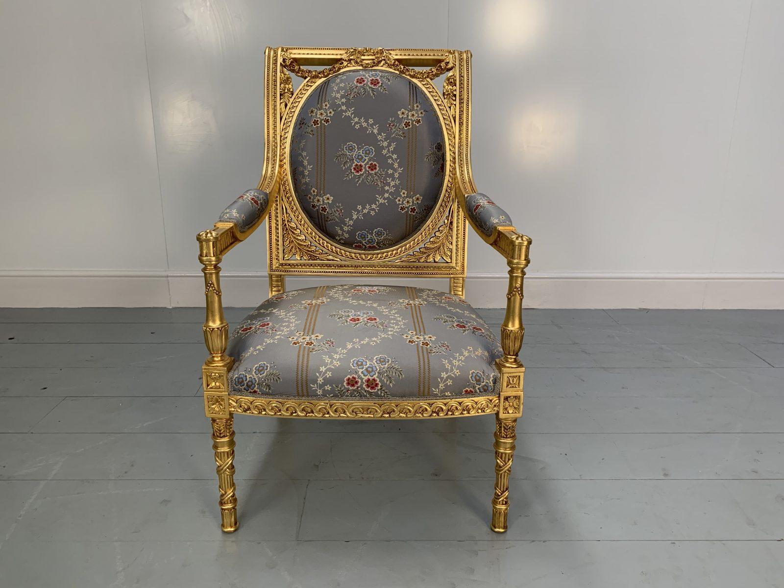 Italian Pair of Peerless Asnaghi Fauteuil Baroque Rococo Armchairs in Floral Silk and Gi For Sale