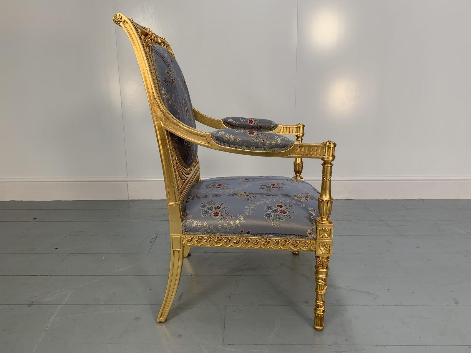 Pair of Peerless Asnaghi Fauteuil Baroque Rococo Armchairs in Floral Silk and Gi In Good Condition For Sale In Barrowford, GB