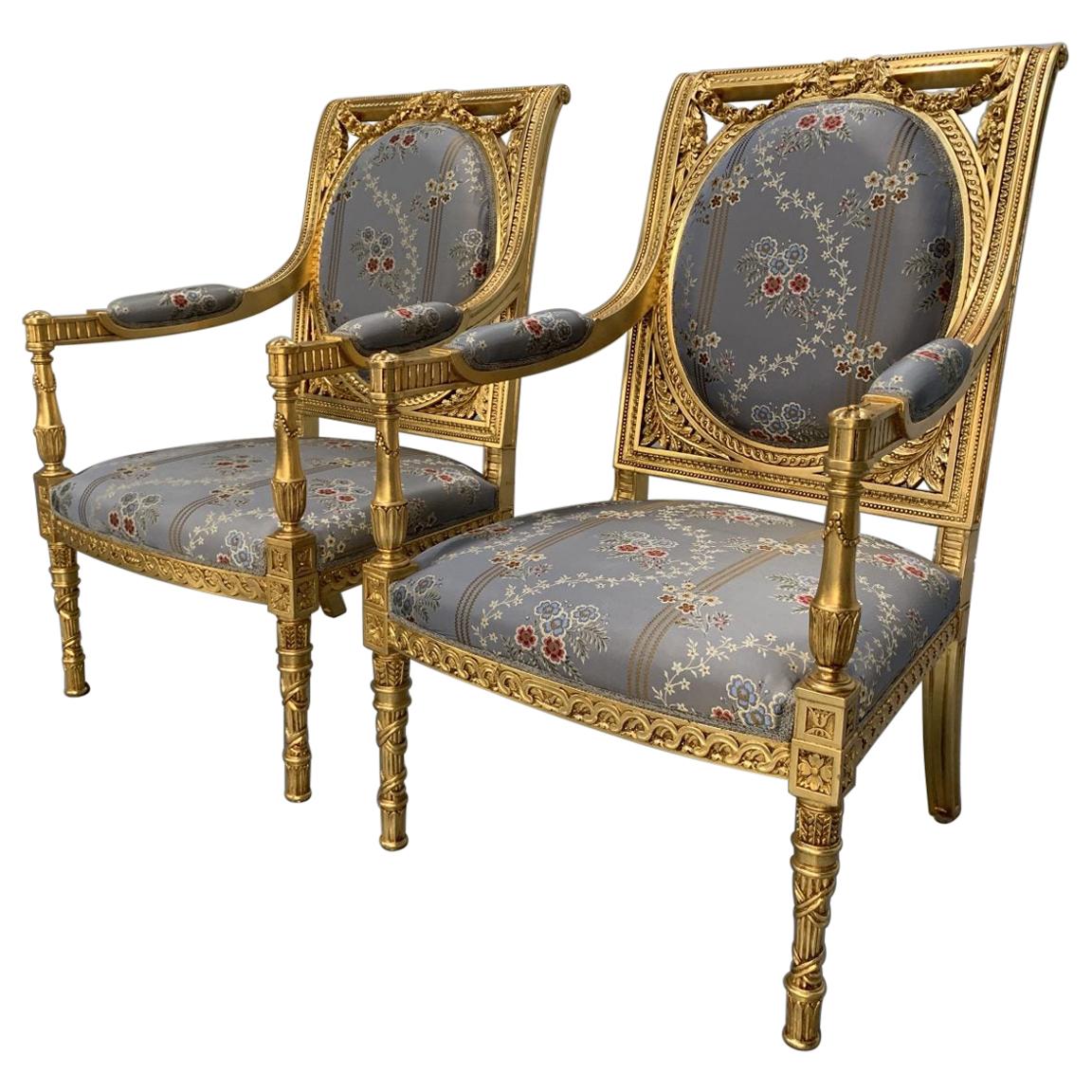 Pair of Peerless Asnaghi Fauteuil Baroque Rococo Armchairs in Floral Silk and Gi For Sale