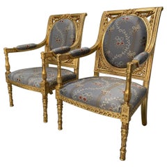 Pair of Peerless Asnaghi Fauteuil Baroque Rococo Armchairs in Floral Silk and Gi