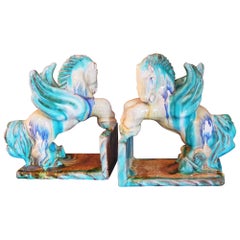 "Pair of Pegasus Bookends, " Fabulous, Brilliantly-Glazed Art Deco Sculptures