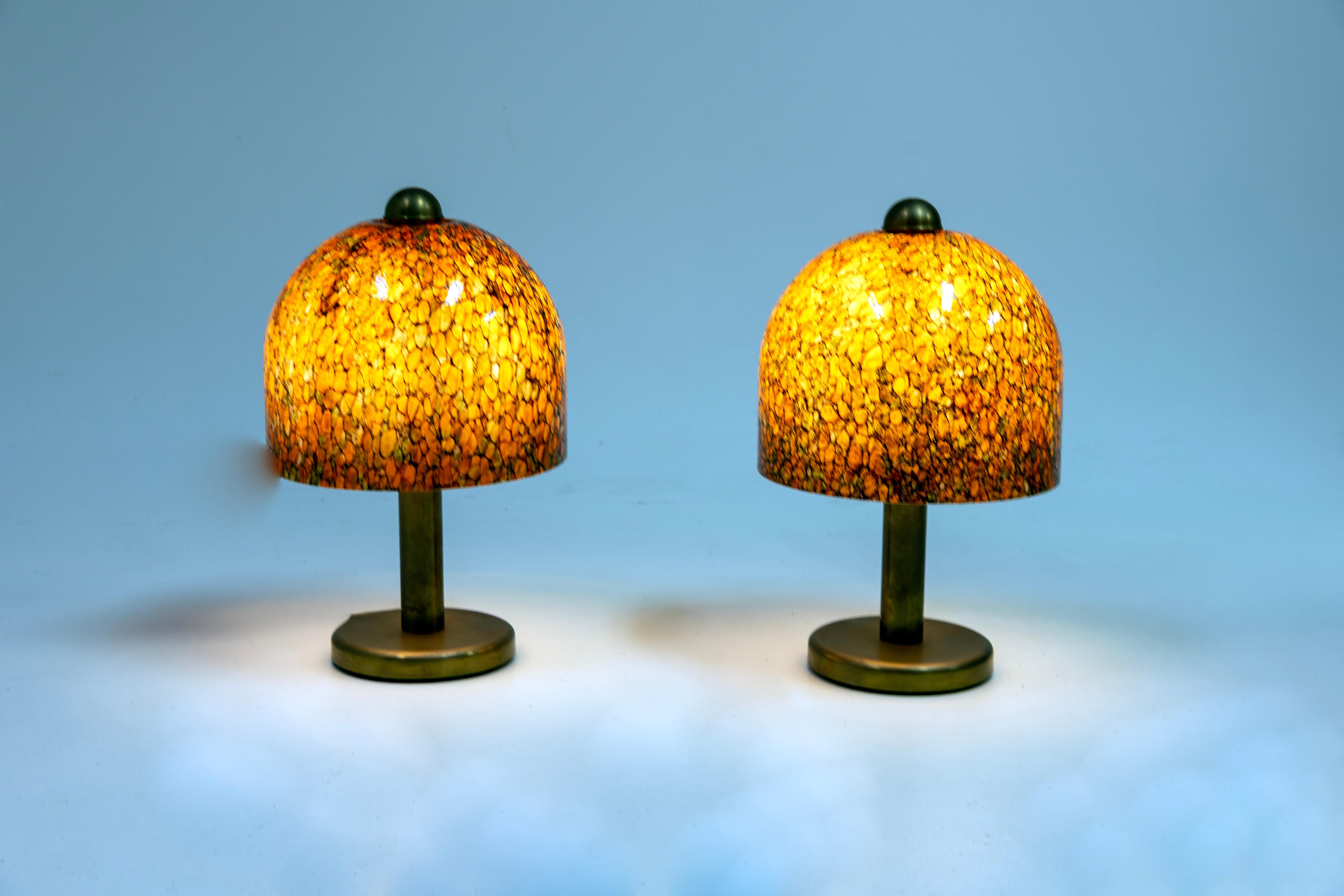 Pair of Original Peil & Putzler Glass and Brass Table Lamps, Germany 1970s. Great quality and ready to go condition. Beautiful patina.
The glass has no damages and lamps were rewired.