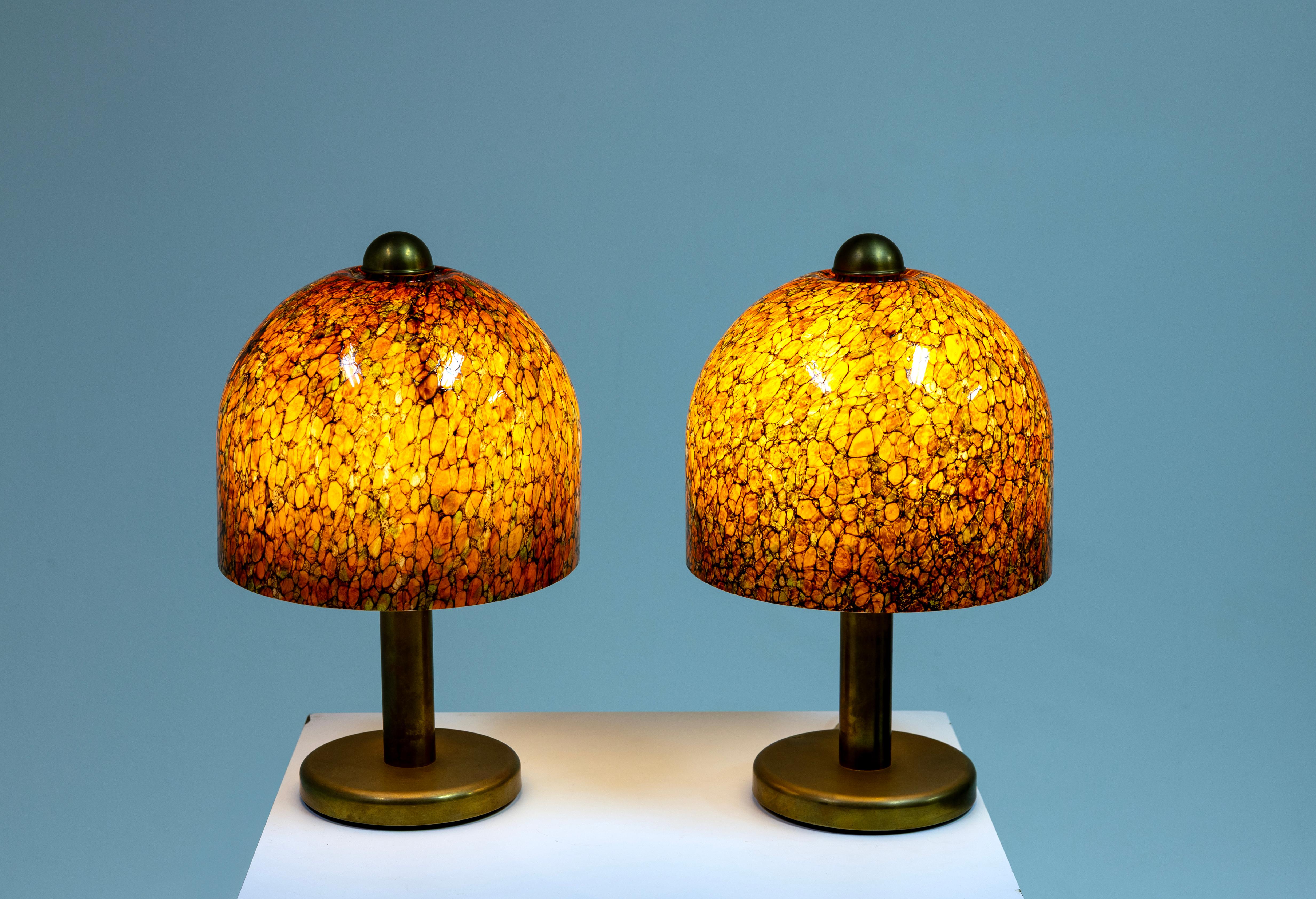 Pair of Peil & Putzler Glass and Brass Table Lamps, Germany 1970s, Murano For Sale 3