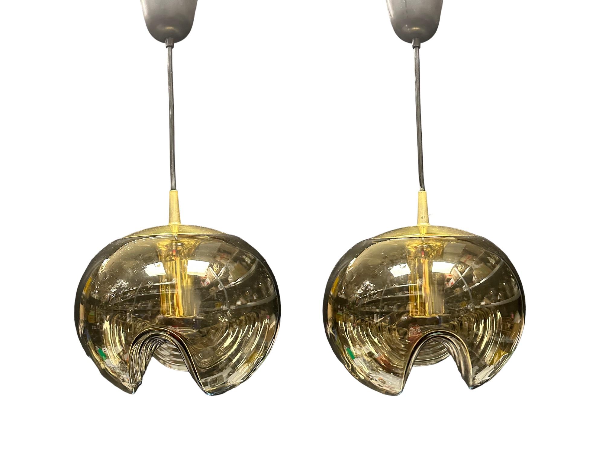 Pair of Peill Putzler Biomorphic Pendant Light Amber Glass Wave Koch Lowy, 1960s For Sale 9