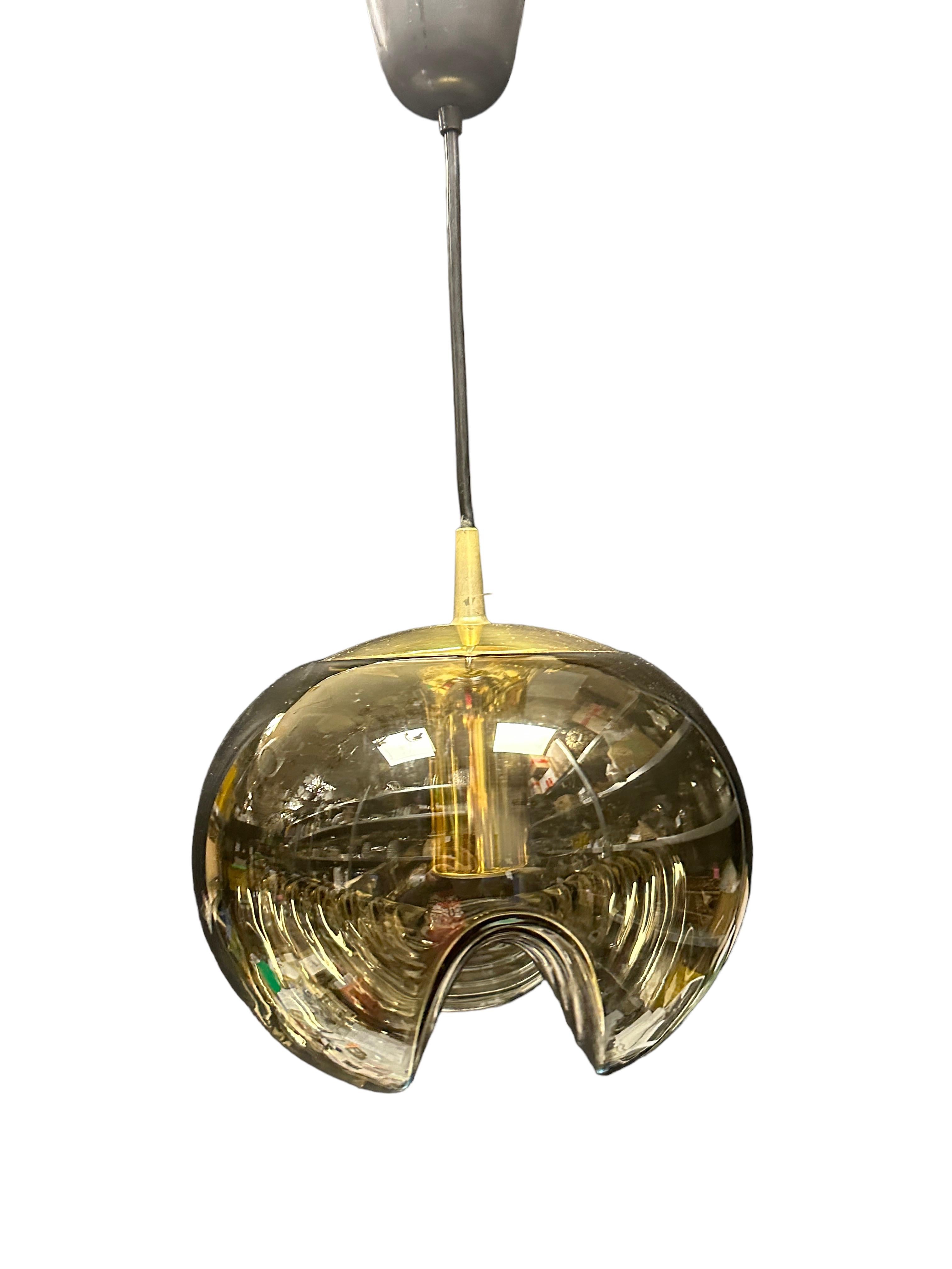 Mid-Century Modern Pair of Peill Putzler Biomorphic Pendant Light Amber Glass Wave Koch Lowy, 1960s For Sale