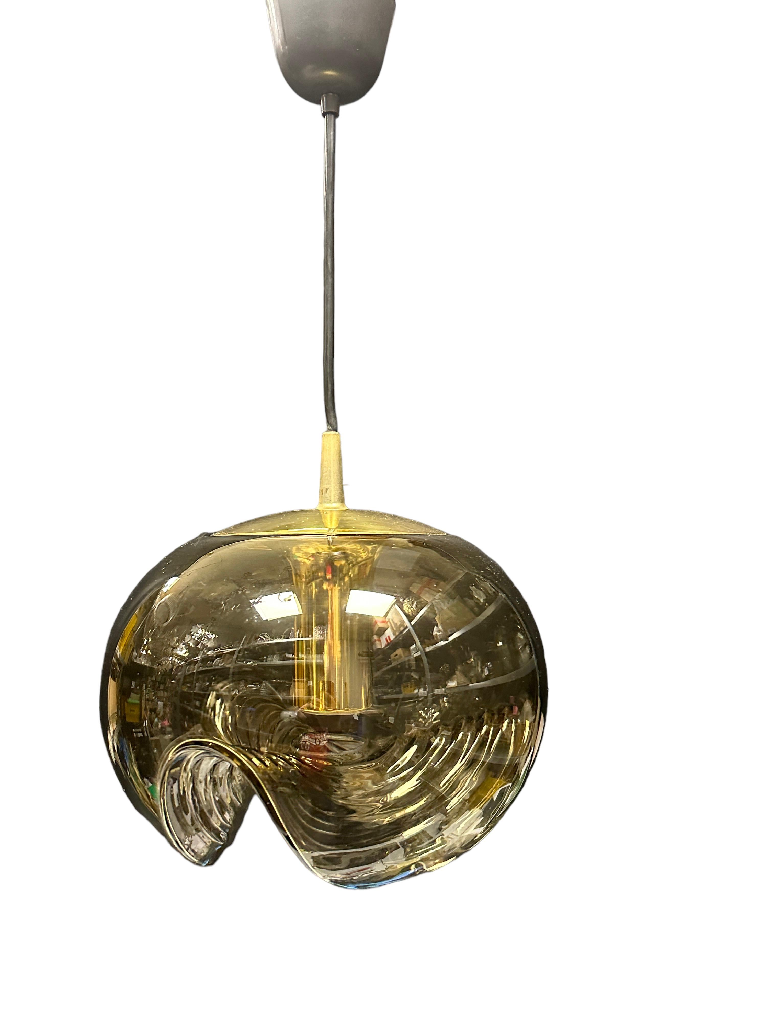German Pair of Peill Putzler Biomorphic Pendant Light Amber Glass Wave Koch Lowy, 1960s For Sale