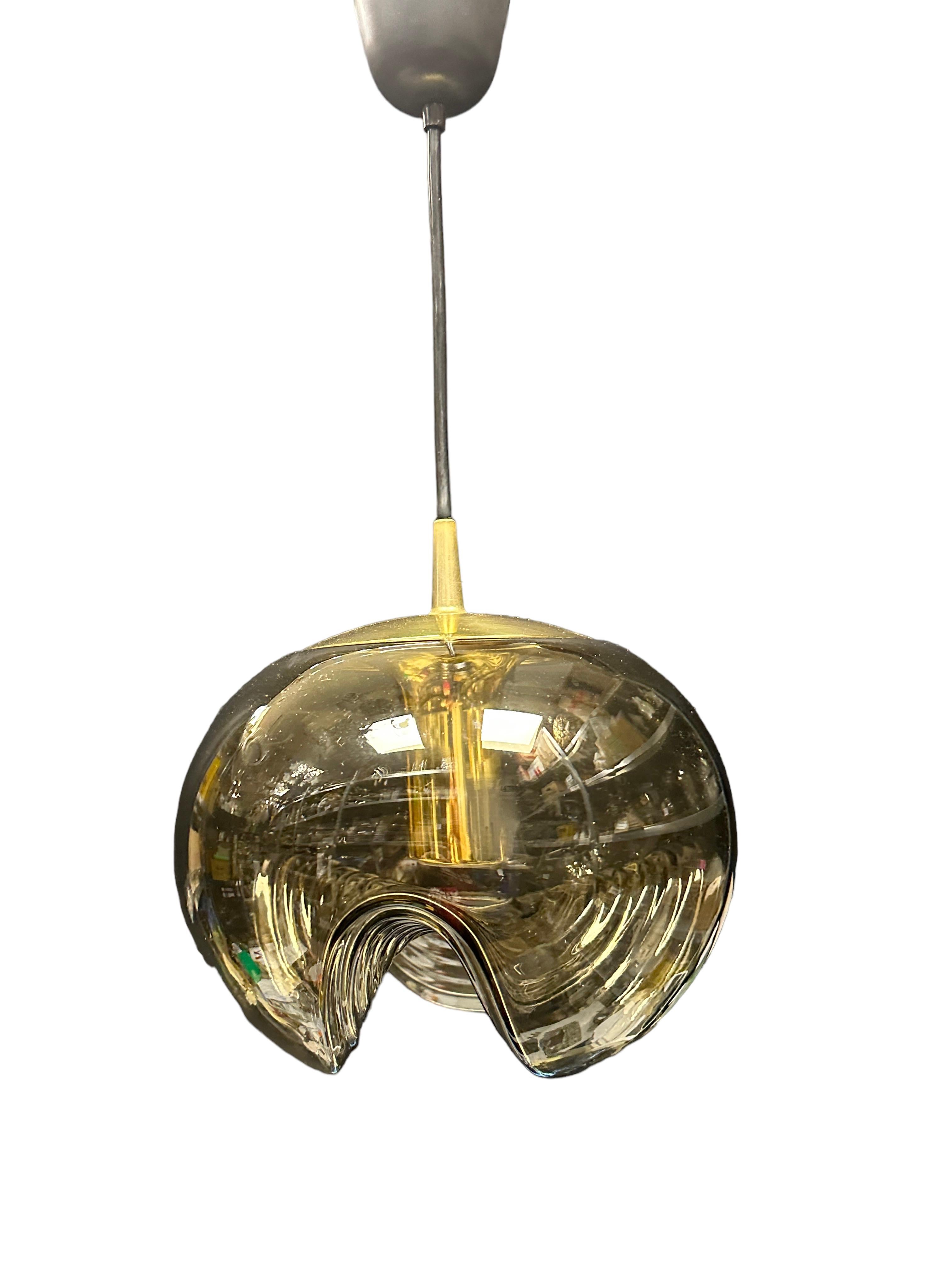 Pair of Peill Putzler Biomorphic Pendant Light Amber Glass Wave Koch Lowy, 1960s In Good Condition For Sale In Nuernberg, DE