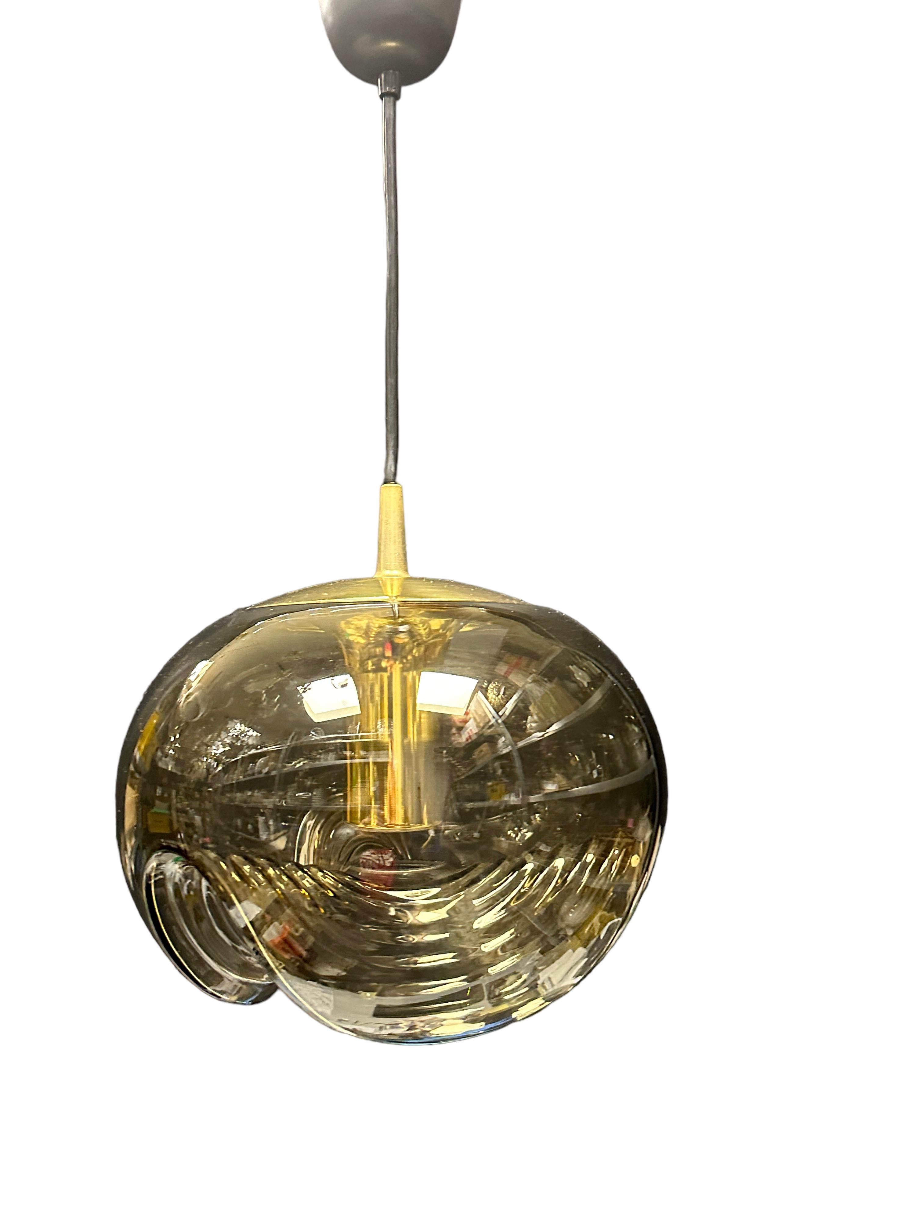 Mid-20th Century Pair of Peill Putzler Biomorphic Pendant Light Amber Glass Wave Koch Lowy, 1960s For Sale