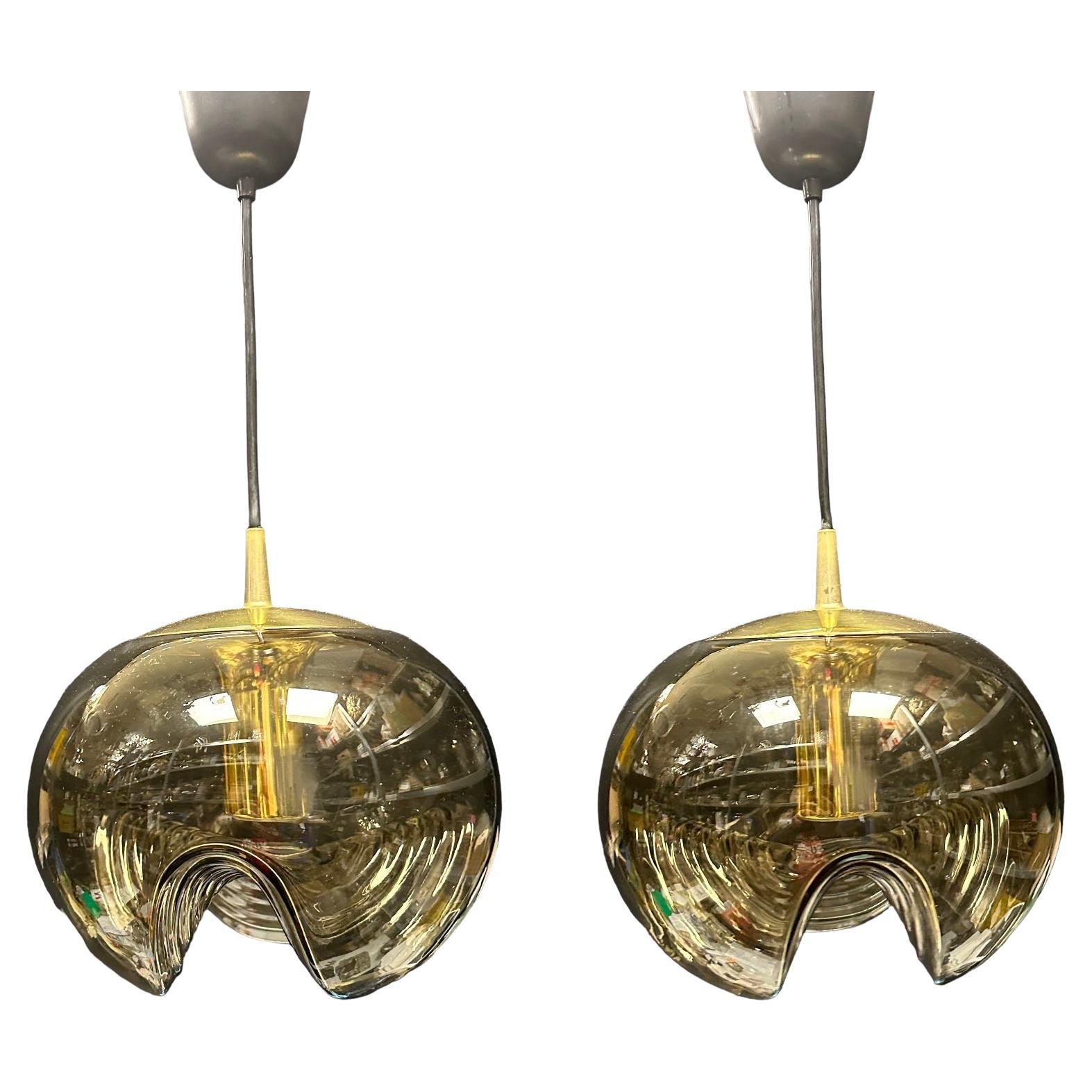 Pair of Peill Putzler Biomorphic Pendant Light Amber Glass Wave Koch Lowy, 1960s