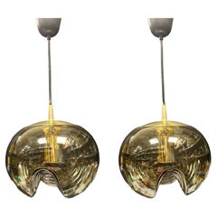 Pair of Peill Putzler Biomorphic Pendant Light Amber Glass Wave Koch Lowy, 1960s