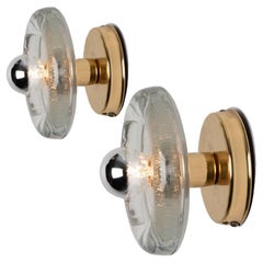 Vintage Pair of Peill Putzler Brass, Glass Wall Lights, 1970