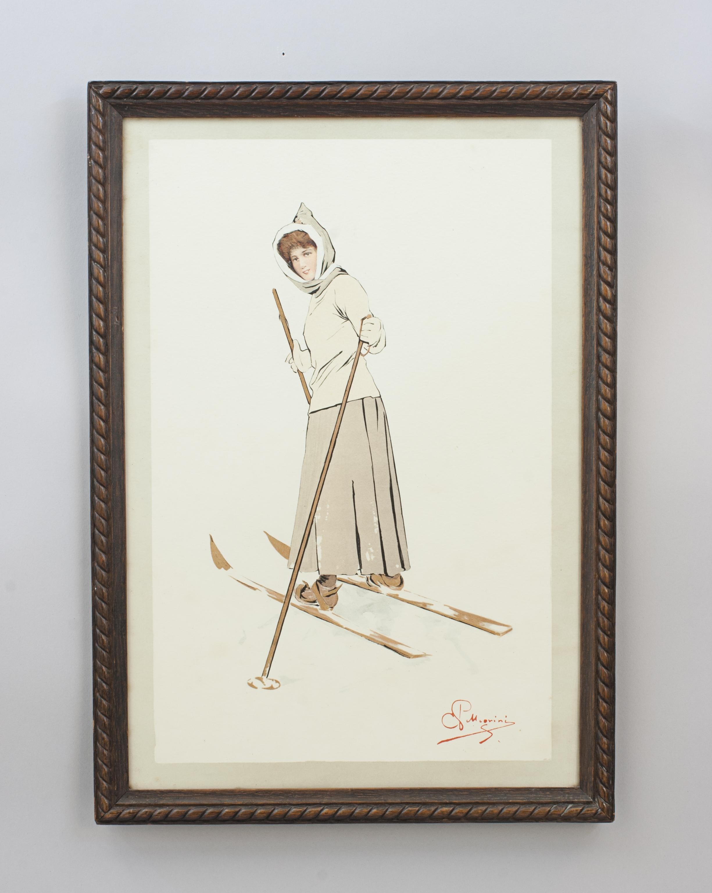 Early 20th Century Pair of Pellegrini Winter Sport Prints, Tobogganing and Skiing. For Sale