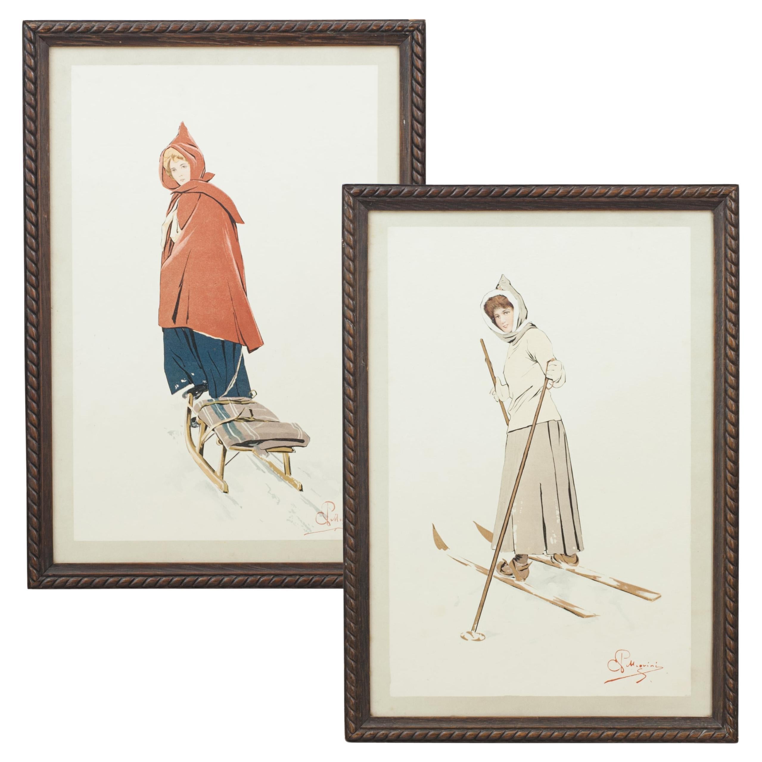 Pair of Pellegrini Winter Sport Prints, Tobogganing and Skiing. For Sale