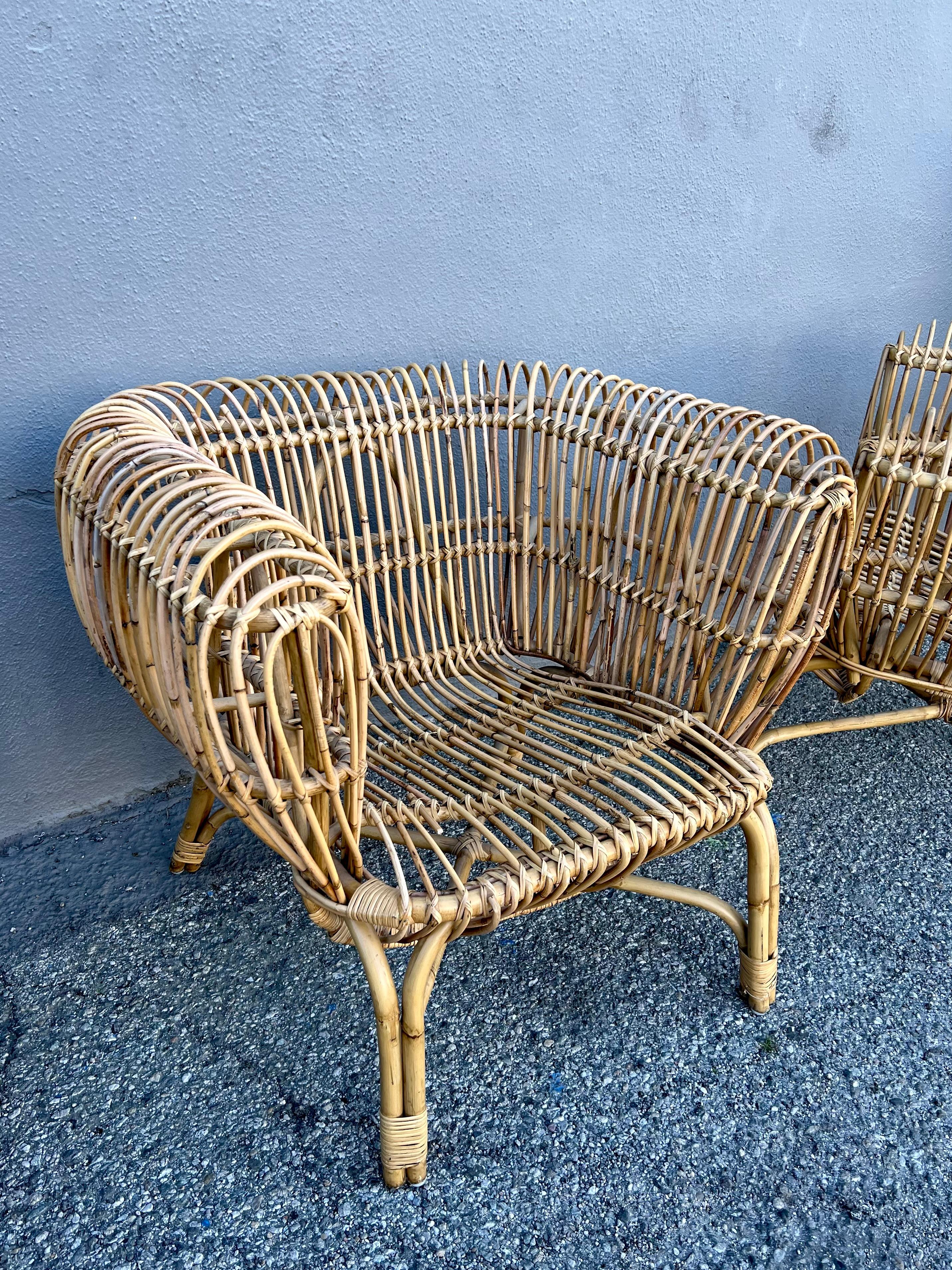 Pair of Franco Albini Italian Pencil Reed Rattan Chairs In Good Condition In Los Angeles, CA