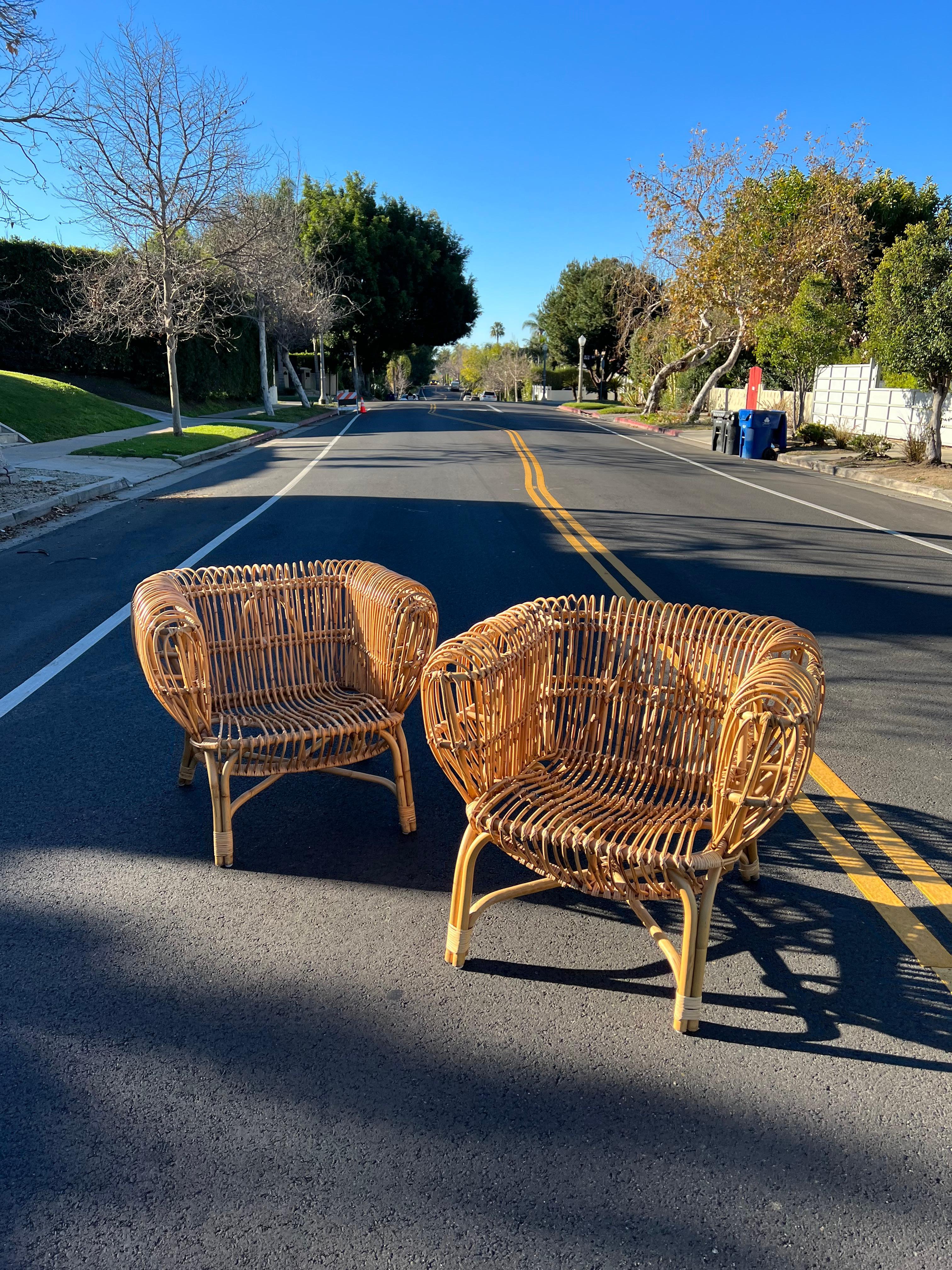 Hand-Crafted Pair of Franco Albini Italian Pencil Reed Rattan Chairs