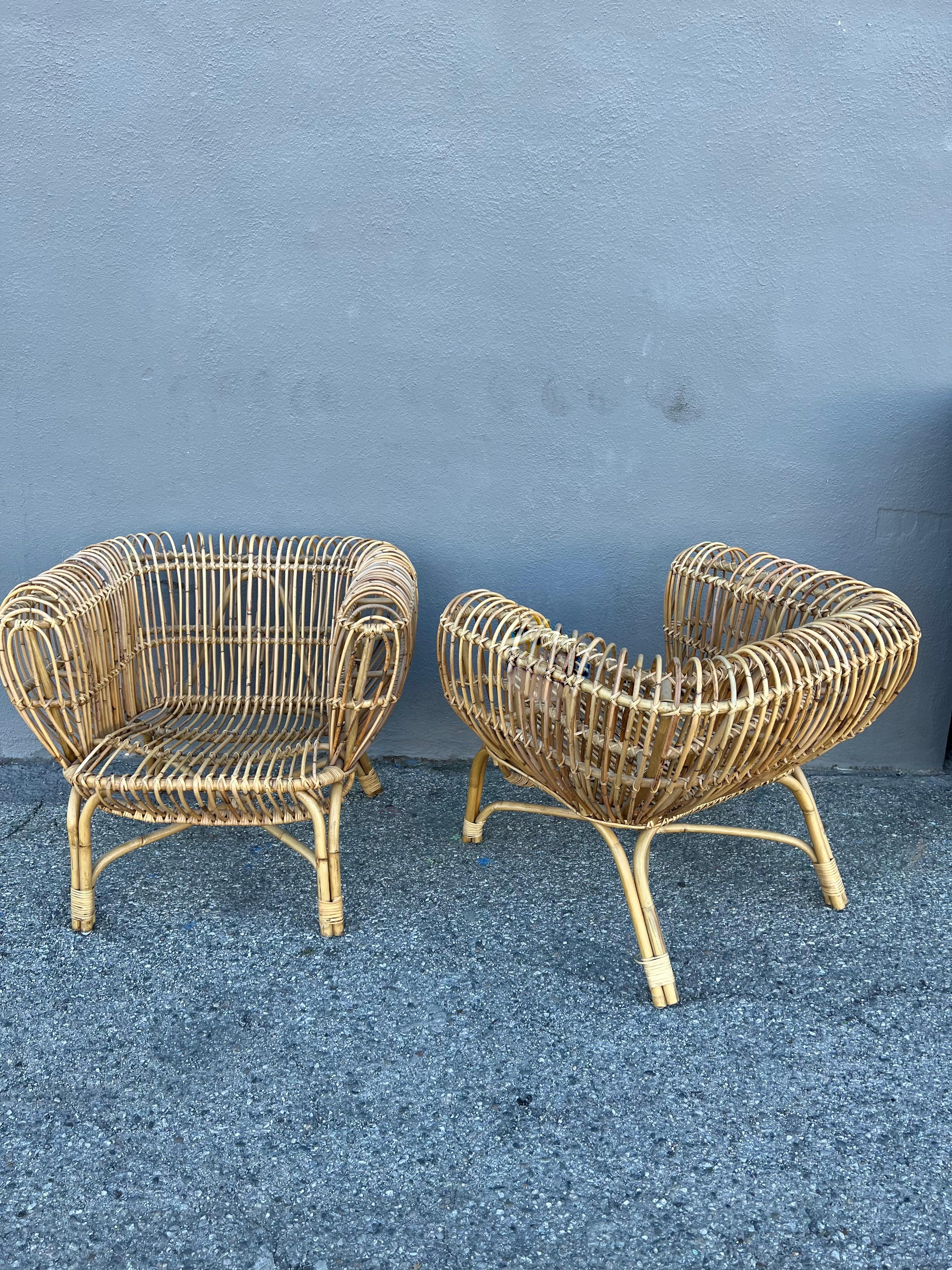 20th Century Pair of Franco Albini Italian Pencil Reed Rattan Chairs
