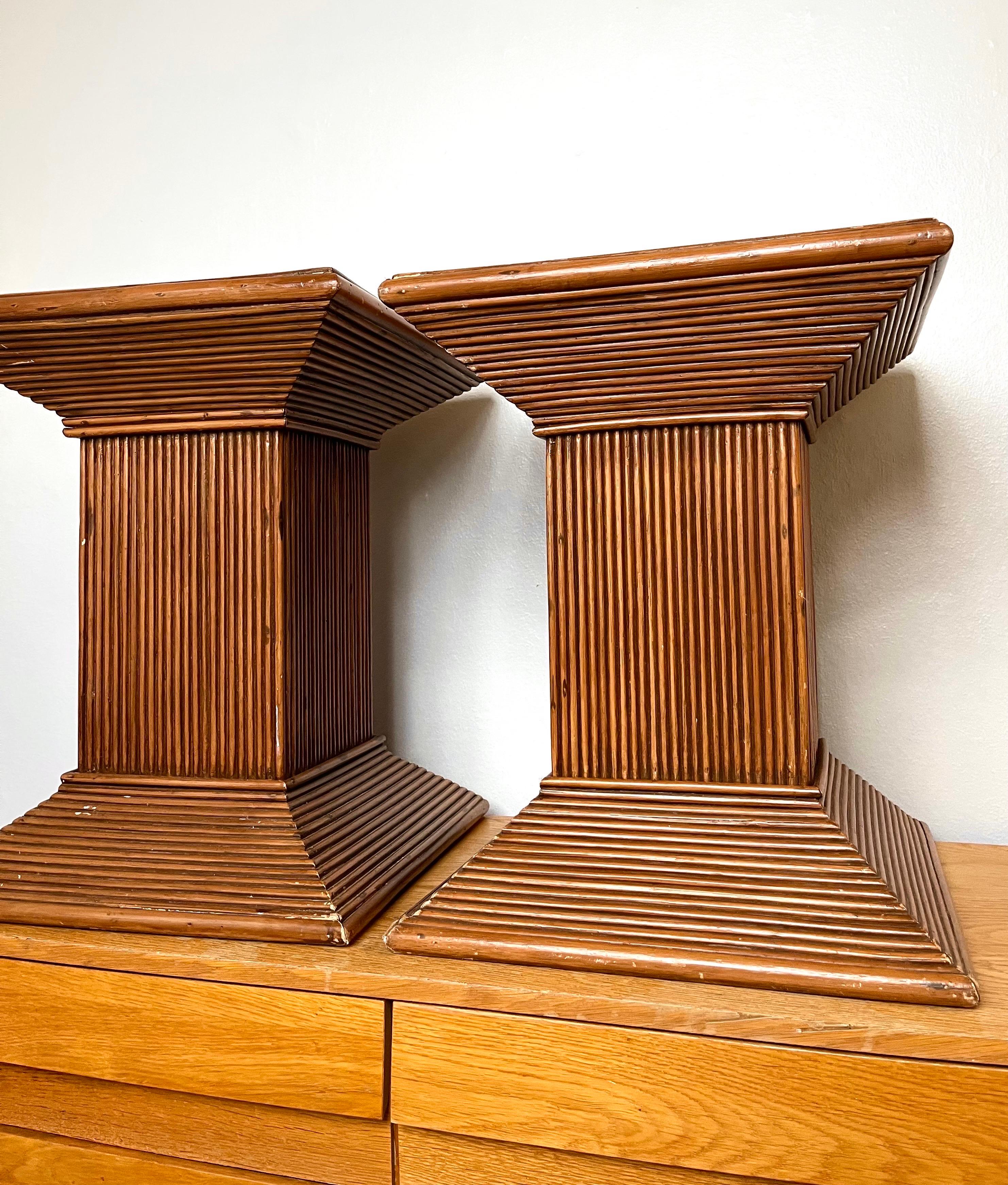 Hollywood Regency Pair of Pencil Reed Rattan Bamboo Side Tables/Pedestals