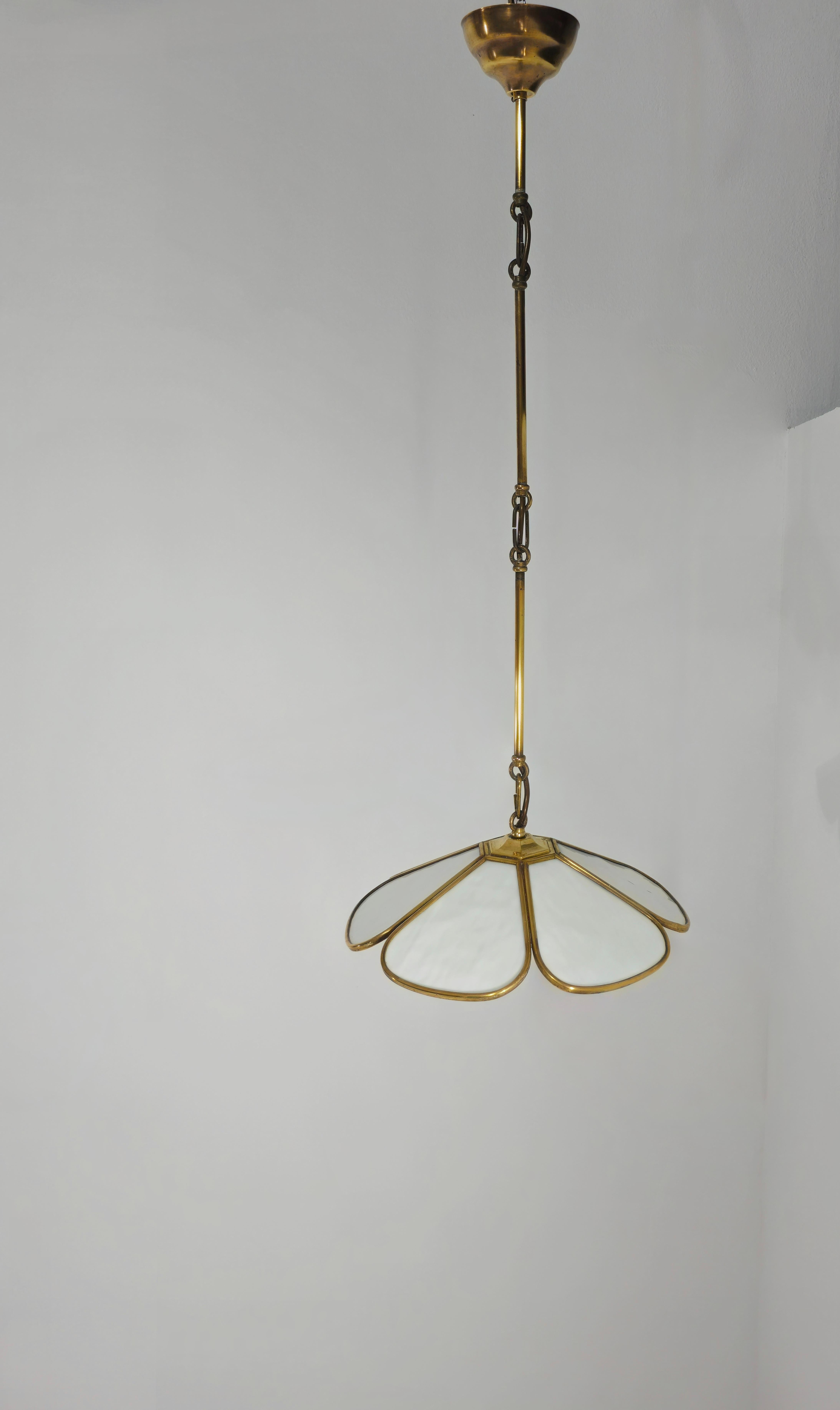 Pair of Pendant Lamps in Brass and White Glass Mid-Century Modern Italy  60s For Sale 5