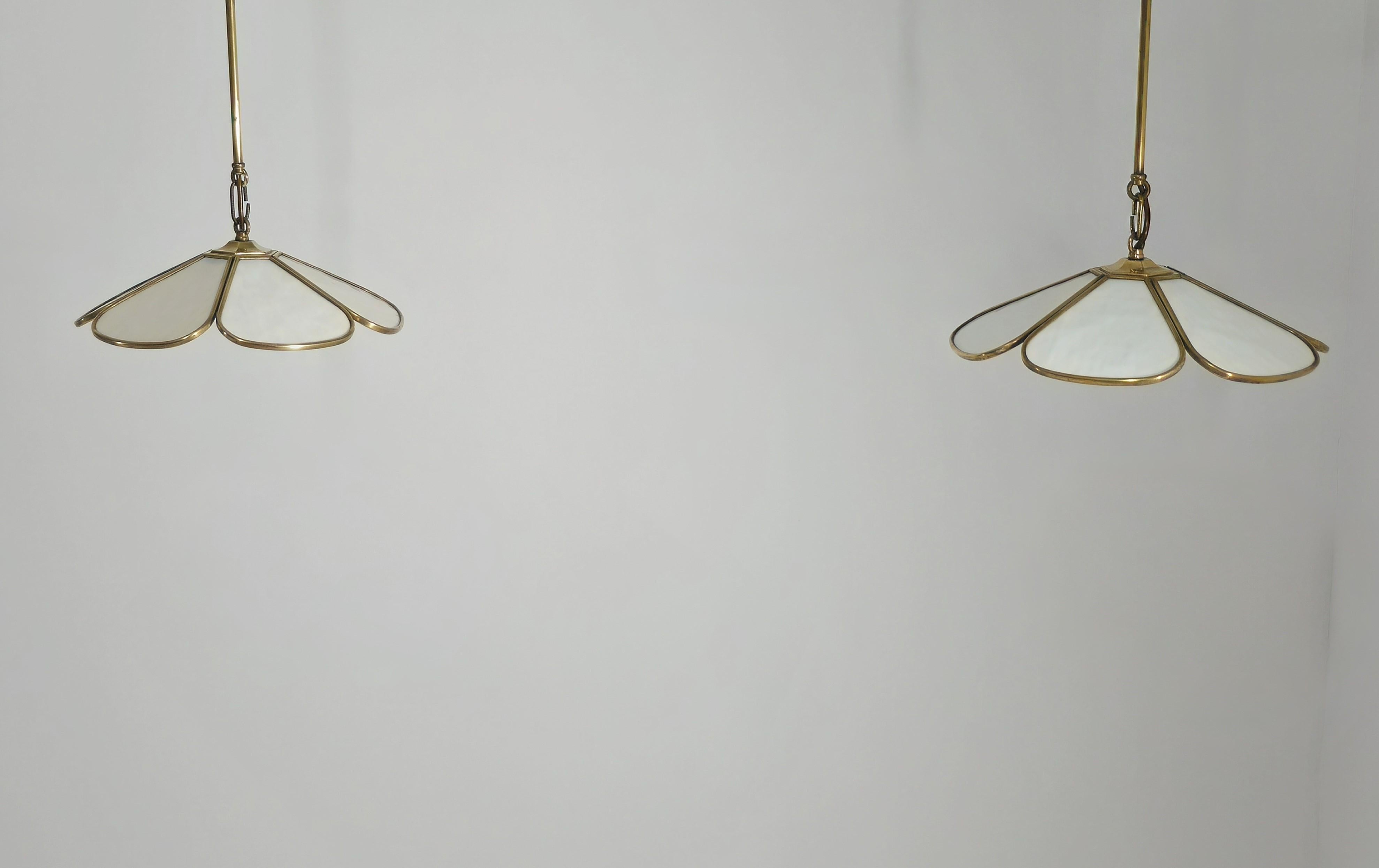 Pair of Pendant Lamps in Brass and White Glass Mid-Century Modern Italy  60s In Good Condition For Sale In Palermo, IT