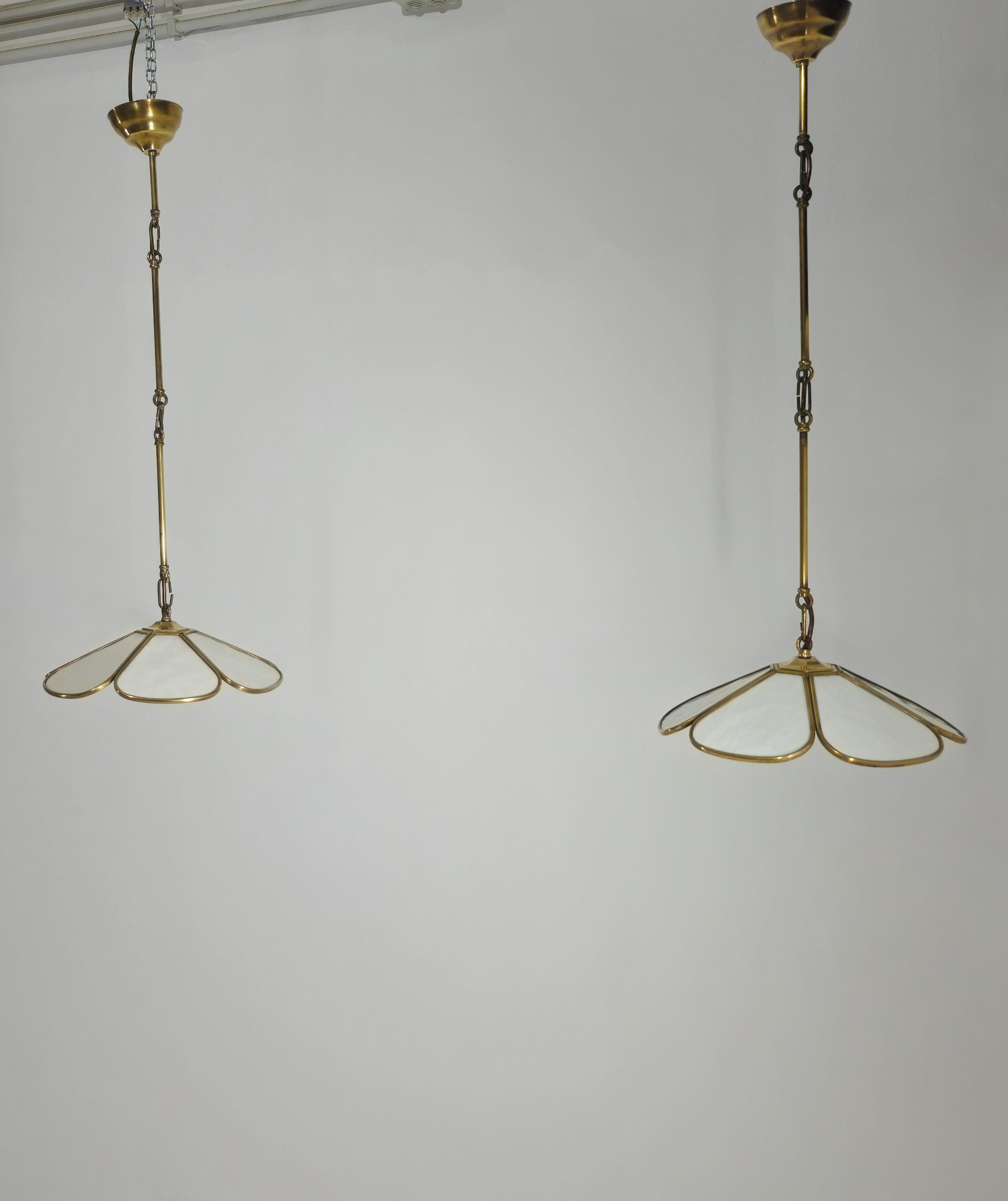 20th Century Pair of Pendant Lamps in Brass and White Glass Mid-Century Modern Italy  60s For Sale