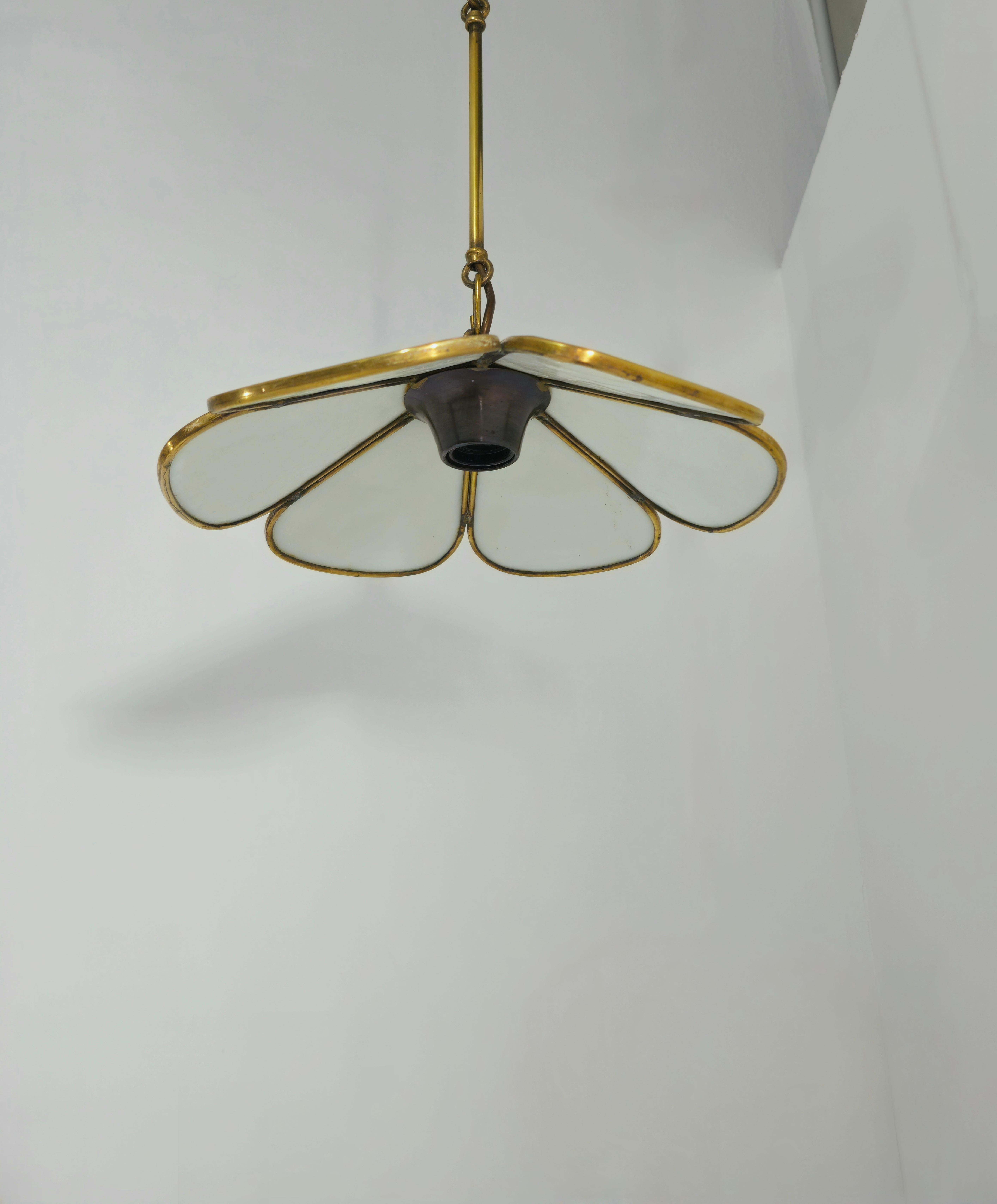 Pair of Pendant Lamps in Brass and White Glass Mid-Century Modern Italy  60s For Sale 1