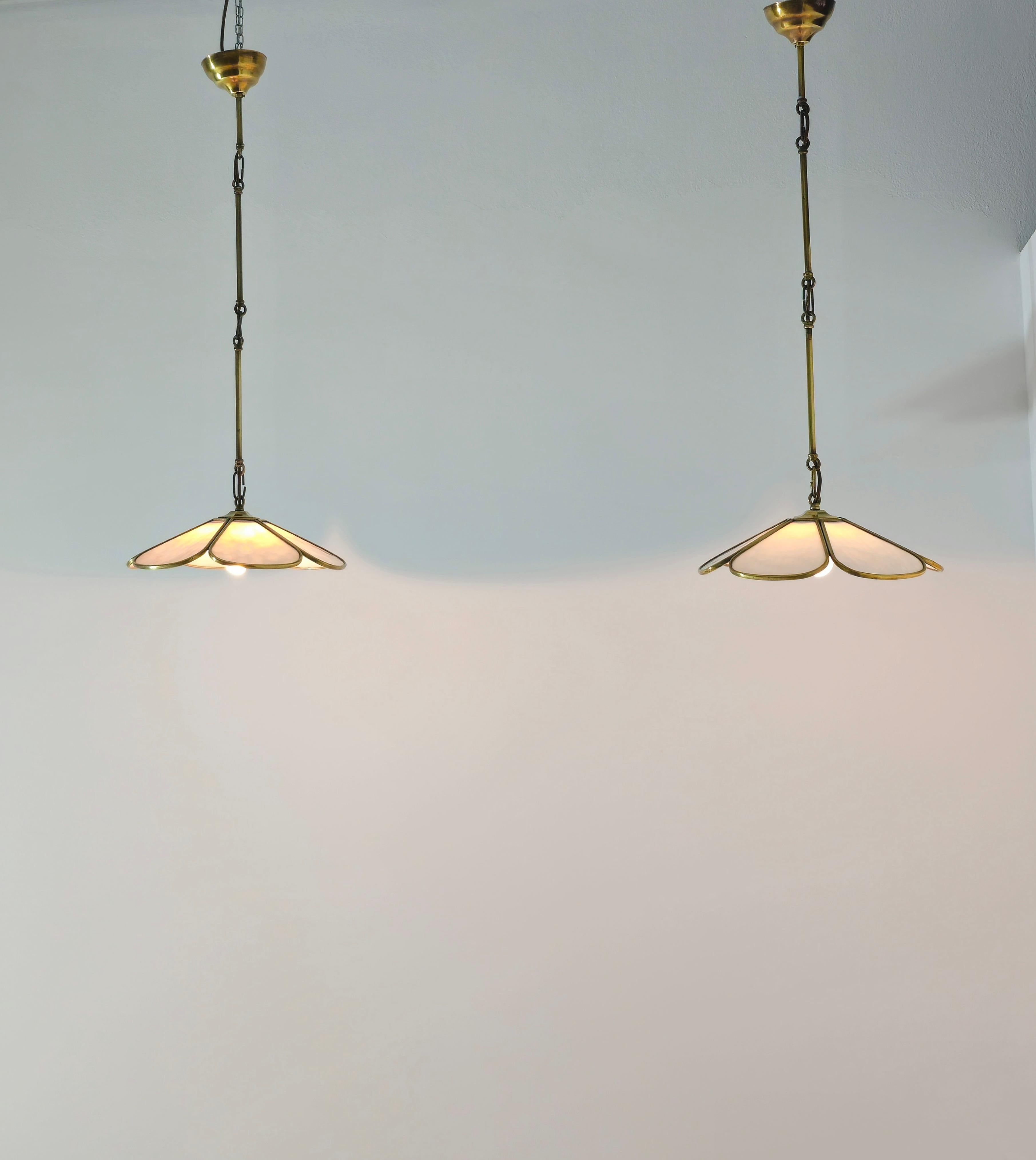Pair of Pendant Lamps in Brass and White Glass Mid-Century Modern Italy  60s For Sale 2