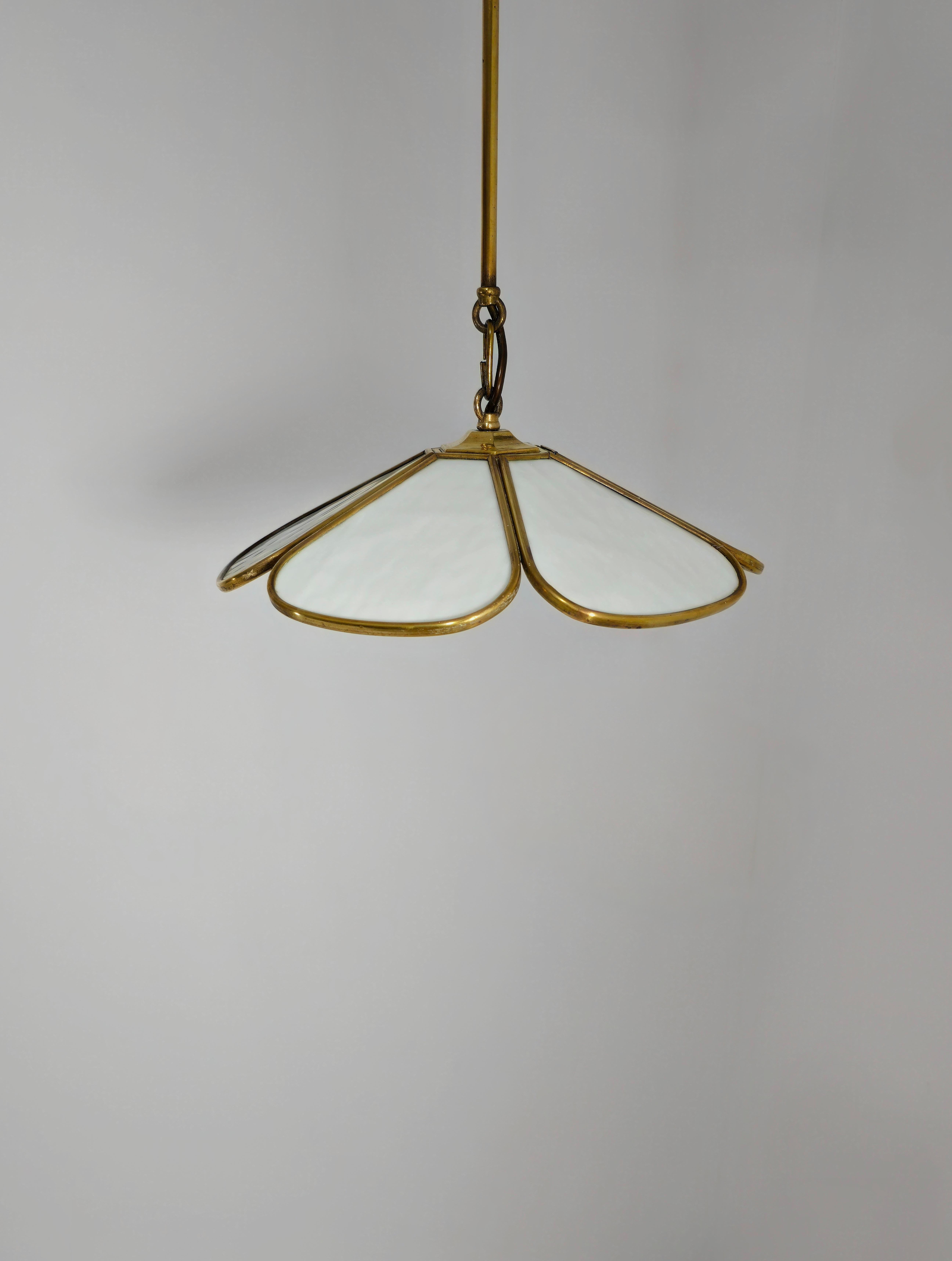 Pair of Pendant Lamps in Brass and White Glass Mid-Century Modern Italy  60s For Sale 3