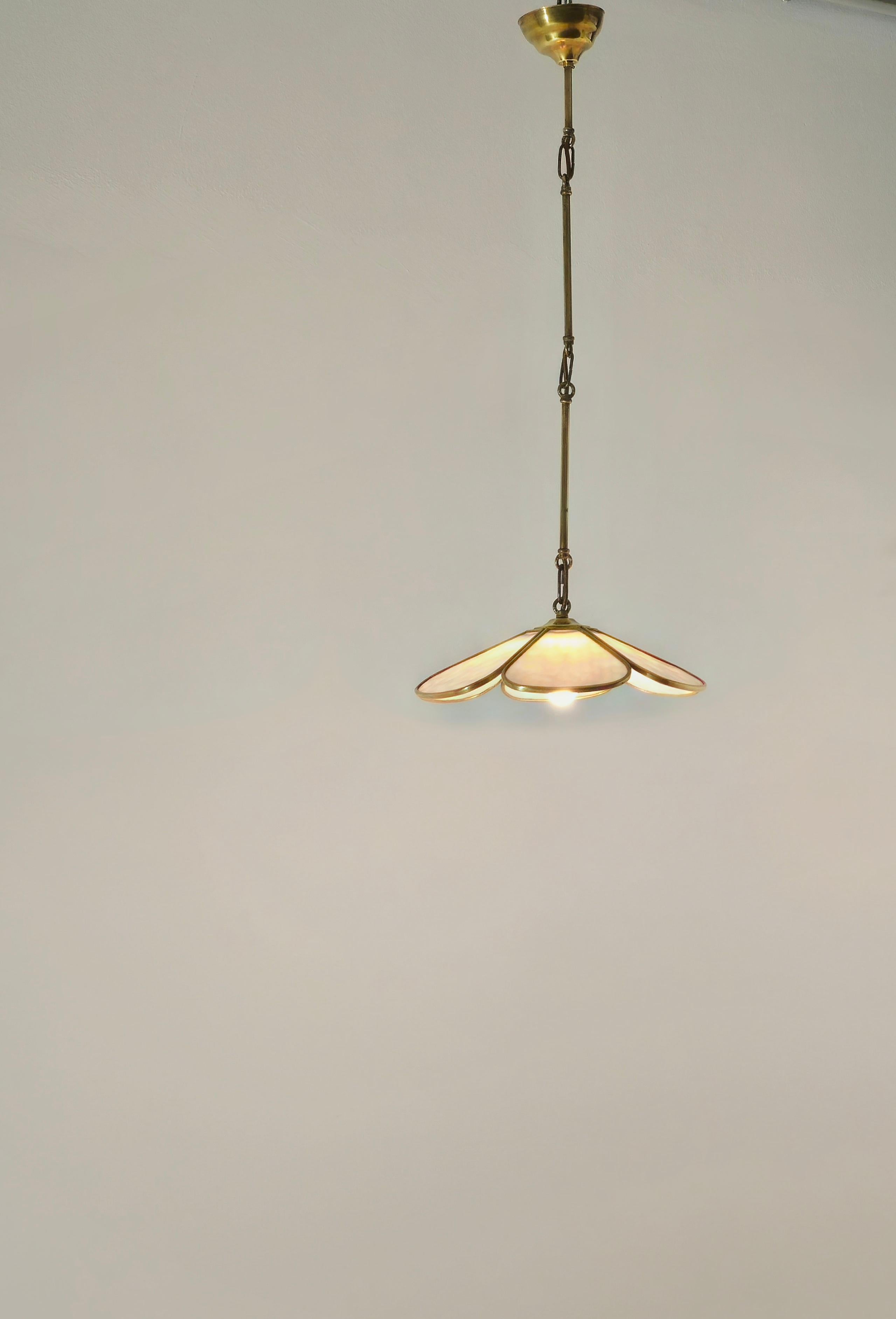 Pair of Pendant Lamps in Brass and White Glass Mid-Century Modern Italy  60s For Sale 4