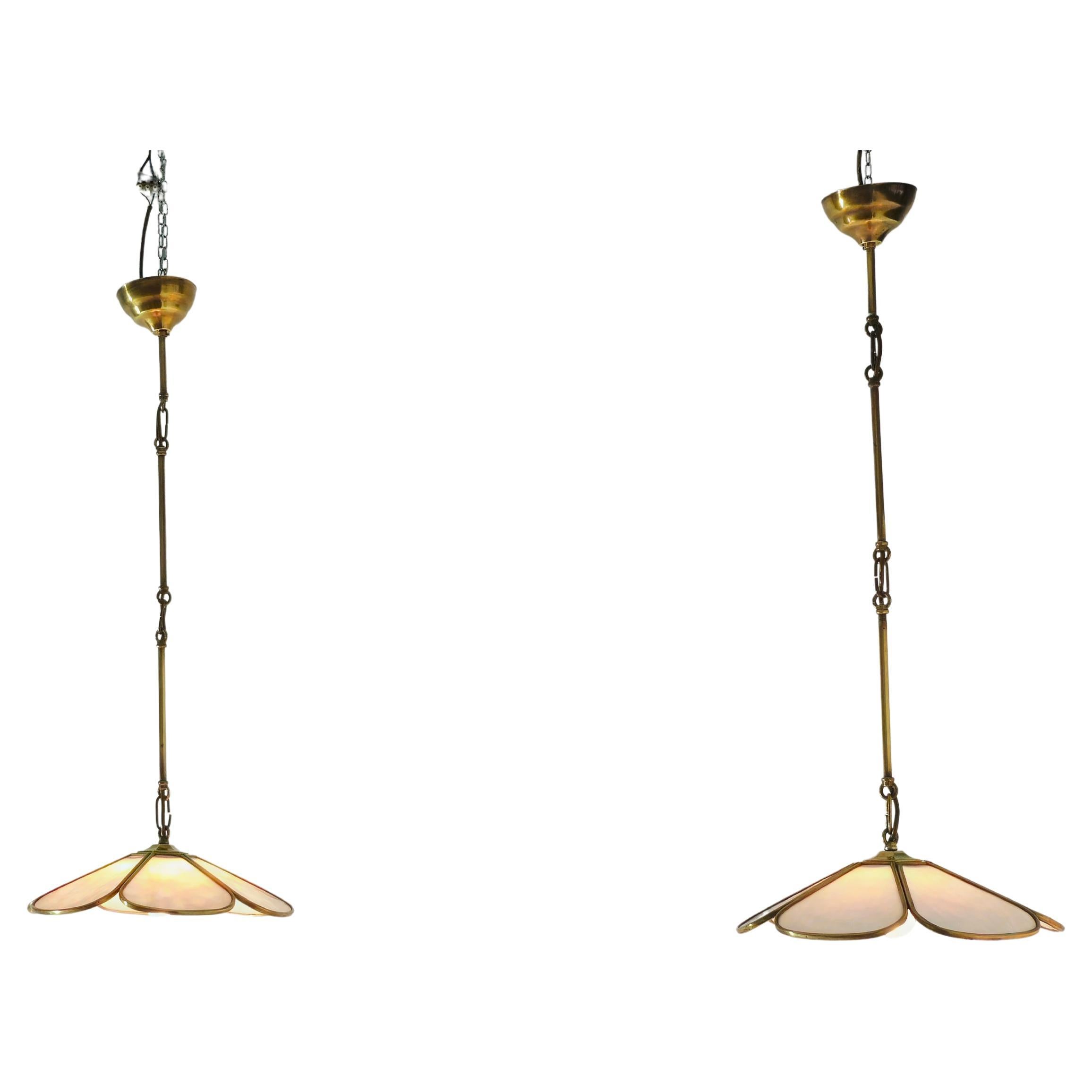 Pair of Pendant Lamps in Brass and White Glass Mid-Century Modern Italy  60s For Sale
