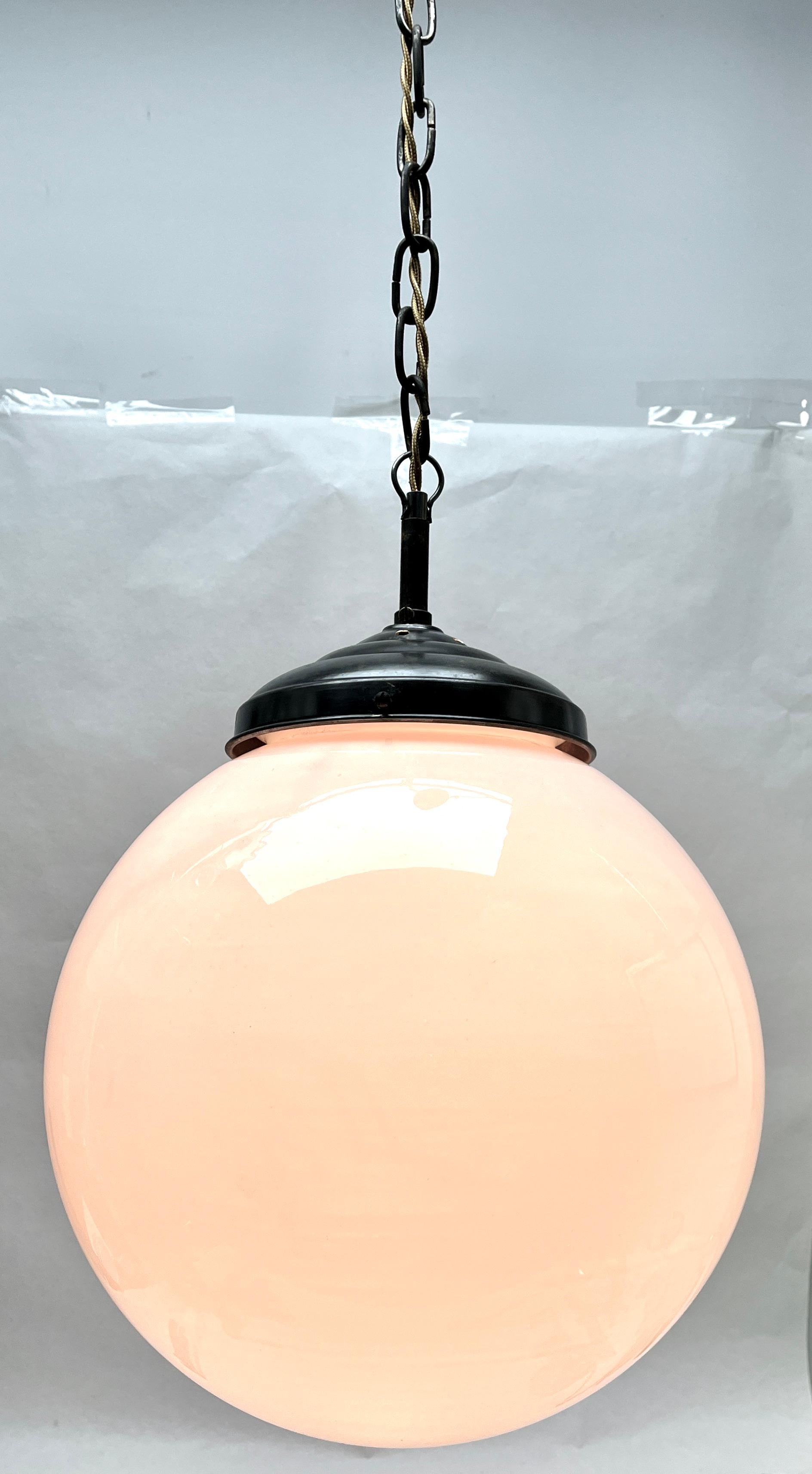Dutch Pair of Pendant Lamps with Large Opaline Shade, 1930s, Netherlands