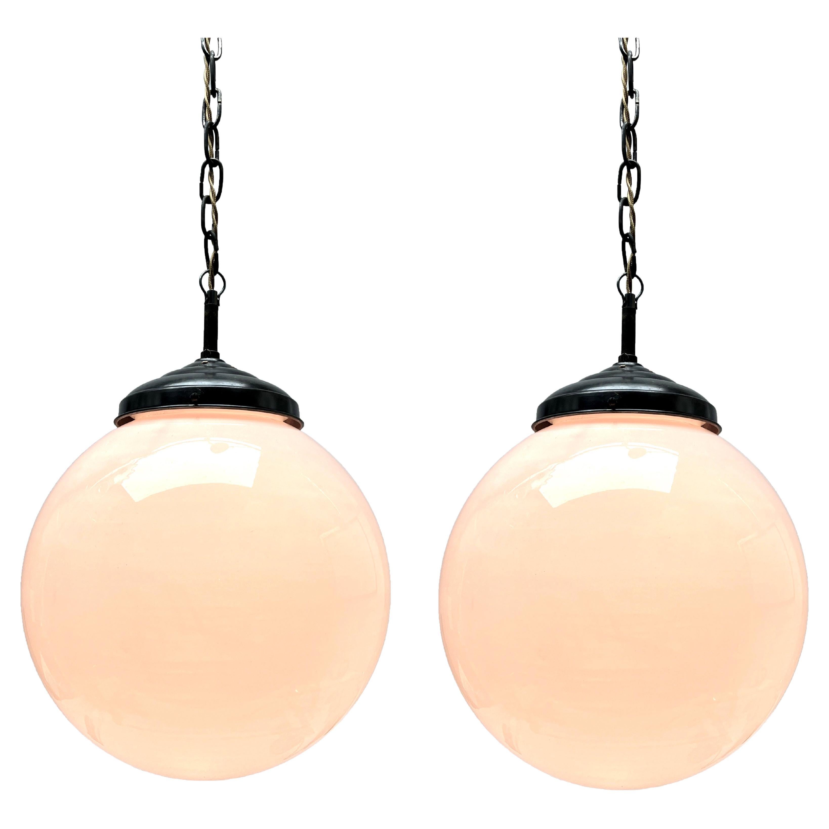 Pair of Pendant Lamps with Large Opaline Shade, 1930s, Netherlands