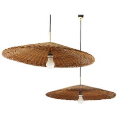 Pair of Pendant Lamps with Rattan Shades, 1950s